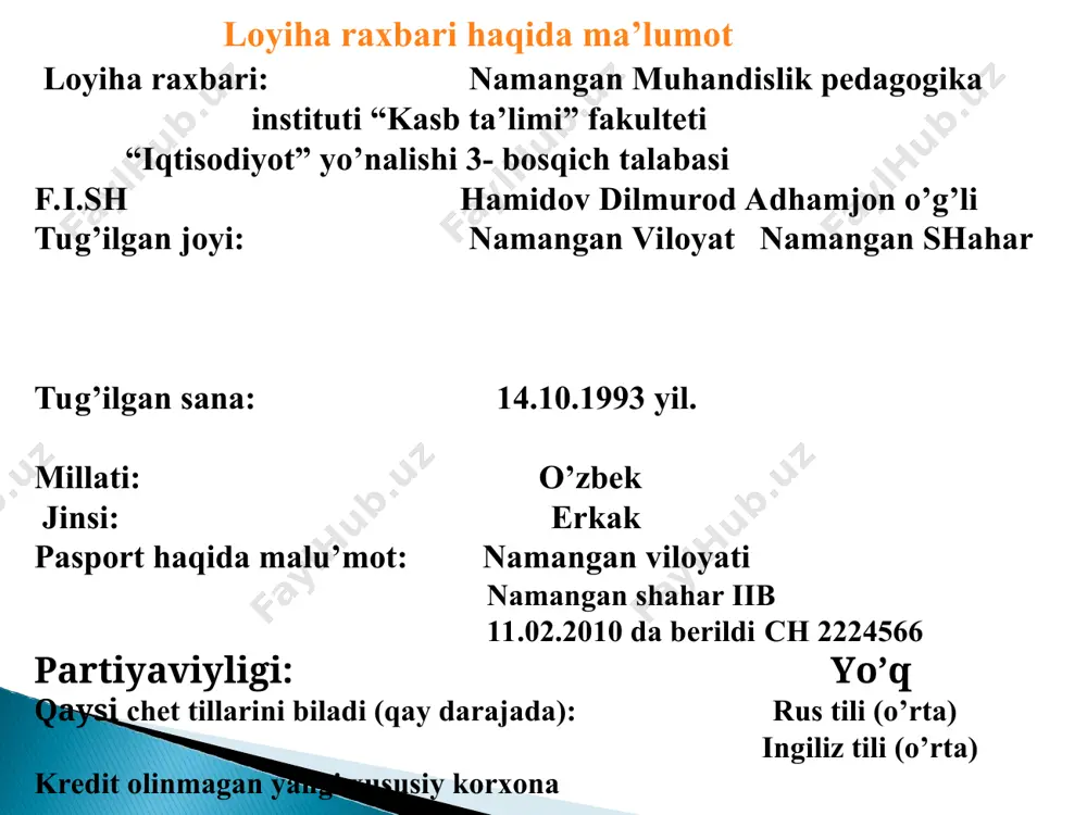 i. shu bo’yicha raqobatchilar tahlili raqobatchilar sifati narxi qo’shimchalar “ uzmak” makaronlari yuqori darajali kelishilgan narxda yetkazib berish xamda qo’shimcha imtiyozlar “mazza” makaronlari o’rta baland narxda “fazo” makaronlari o’rta sifatiga qaraganda qimmat “___________________________________________________________________________________”ko`rsatiladigan xizmatlar namangan shaxrida joylashgan aholiga chakana va buyurtma asosida xizmat taklif qilish. hizmat ko’rsatish kanali. 1.buyurtma 40% 2.chakana xizmat orqali 20% 3.ulgurji 40 % biznesda har qanday odam tavakkalchilikni o’zidan yiroqlashtirmaydi. swot taxlili kuchli tomonlari ushbu sohada tajribaning borligi, xizmatlar bajarish bo’yicha boshqalarga teng kela olishi va bu xizmat namangan viloyatida rivojlanmaganligi kuchsiz tomonlar mablag’ni to’la ish boshlash uchun yetarli emasligi imkonoyatlar xizmat ko`rsatishni namangan viloyati bo`yicha kengaytirish to’siqlar elektr energiyasi doimiy yetkazib berilmasligi № lavozimi ishchi soni 1 boshqaruvchi-maxsulot yetkazib beruvchi 1 400 000 2 xamir qoruvchi 2 300 000 3 maxsulotni tayyor xolga keltiruvchi 2 300 000 jami: 5 ta 1 600 000 _____________________________________________________ tomonidan band qilinadigan ish o’rni kredit qaytarish grafigi yig`ma ma`lumotlar kredit …