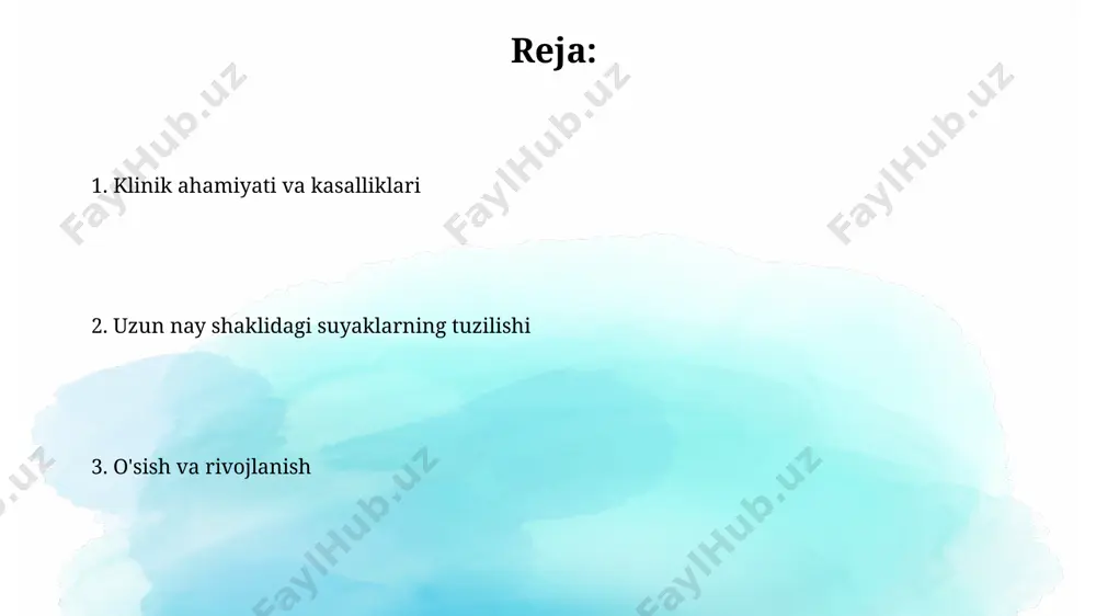 yuzasida joylashgan bo'lib, tendonlar va boylamlarning suyakka birikishini ta'minlaydi. bu birikish 10 dan ortiq kollagen tolalarining mustahkam bog'lanishi orqali amalga oshiriladi, bu esa barqarorlikni kafolatlaydi. himoya uzun nay shaklidagi suyaklarga 1 dan 2 millimetrgacha qalinlikdagi zich tolali biriktiruvchi to'qima qatlami bo'lib, u suyakning oziqlanishi va o'sishida muhim ahamiyatga ega bo'lgan qon tomirlari va nervlarni o'z ichiga oladi. suyakning o'sishi suyakning o'sishi suyakning o'sishi xaftaga bog'liq jarayon bo'lib, unda xafta hujayralari proliferatsiya qilinadi va gipertrofiyaga uchraydi. bu, ayniqsa, o'sish plitalarida (epifiziy bez) muhim ahamiyatga ega. suyak matriksi suyak matritsasi 25% suv, 25% kollagen tolalari (i turdagi kollagen) va 50% mineral tuzlardan iborat. tuzlar asosan kaltsiy fosfatining gidroksiapatit kristallaridir, ular suyakning qattiqligini ta'minlaydi. suyak matritsasida oqsillarning boshqa turlari ham mavjud, masalan, osteonektin, osteopontin va suyak morfogenetik oqsillari (bmp). ushbu oqsillar suyakning minerallashuvida va suyak hujayralari faoliyatini tartibga solishda muhim rol o'ynaydi. qon ta'minoti va nervlar suyak periostida periostal nerv tolalari mavjud; diafizda …