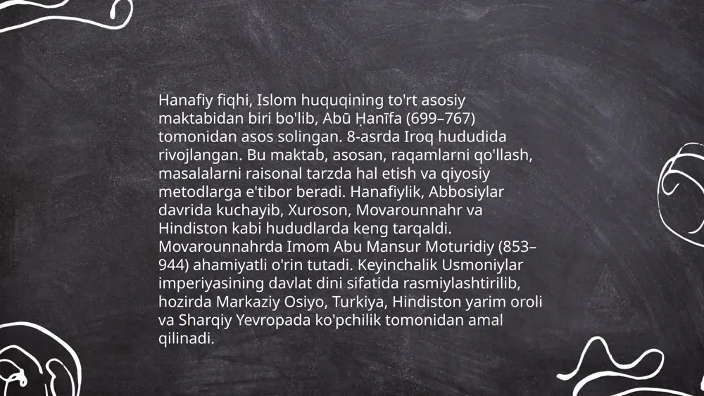 yetishib chiqqan. bu davrda fiqh olimlari orasida mashhur bo'lganlar: burhoniddin marg'inoniy, uning "hidoya" asari hanafiy fiqhida muhim o'rin tutadi. ibn humom va al-kosoniy kabilar ham fiqhda yirik asarlar yaratgan. bu davrda fiqh ilmining tarqalishi va rivojlanishi madrasa va ilmiy markazlar orqali amalga oshirilgan bo'lib, samarqand, buxoro kabi shaharlar ilmiy faoliyatning markazlari edi. ushbu olimlarning asarlari islom dunyosida keng tarqalib, o‘rganilib kelingan. fiqh ilmi bu davrda islom huquqiy masalalarining hal qilinishida asosiy o‘rin egallagan. ... t.me/slaydai_bot 10. fiqhiy asarlar va ularning mualliflari fiqhiy asarlar islom huquqi va shariat doirasida qabul qilingan manbalar hisoblanadi. eng mashhur fiqhiy asarlar va ularning mualliflari quyidagilar: "al-mabsut" asari muallifi muhammad al-shaybani, "al-hidaya" asari muallifi burxoniddin al-marghinoni, "muxtasar al-quduri" asari muallifi abu al-husayn al-quduri, "bidoyat al-mujtahid" asari muallifi ibn rushd. bu asarlar islom fiqhi mazhablariga asos bo‘lib, hanafiya, malikiya, shofe'iya va hanbaliy mazhablariga oid qoidalarni qamrab oladi. har bir muallif o‘z mazhabi doirasida shariat qoidalarini izohlashga bag‘ishlangan …