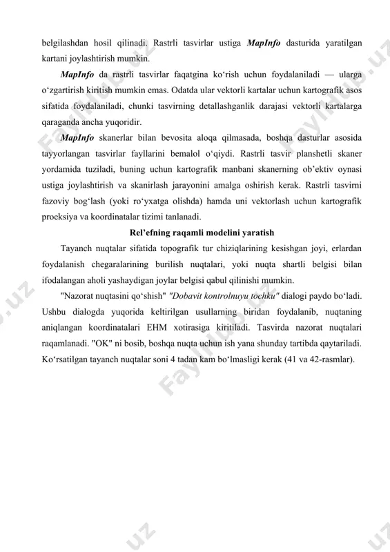 li belgisi bilan ifodalangan aholi yashaydigan joylar belgisi qabul qilinishi mumkin. "nazorat nuqtasini qo‘shish" "dobavit kontrolnuyu tochku" dialogi paydo bo‘ladi. ushbu dialogda yuqorida keltirilgan usullarning biridan foydalanib, nuqtaning aniqlangan koordinatalari ehm xotirasiga kiritiladi. tasvirda nazorat nuqtalari raqamlanadi. "ok" ni bosib, boshqa nuqta uchun ish yana shunday tartibda qaytariladi. ko‘rsatilgan tayanch nuqtalar soni 4 tadan kam bo‘lmasligi kerak (41 va 42-rasmlar). 41-rasm. tayanch nuqtalar geografik koordinatalarini tanlash jarayoni 42-rasm. tayanch nuqtalar to‘g‘ri burchakli koordinatalarini tanlash jarayoni eslatma: ko‘rish oynasidagi tasvirning masshtabi "+" va "-" tugmalari orqali o‘zgartiriladi. masshtabni kattalashtirib, tayanch nuqtalarini katta aniqlikda belgilashga erishish mumkin. rastrli tasvir "aylantirish chizg‘ichi" (lineyka prokrutki) yordamida harakatlantiriladi. agar tayanch nuqtalar koordinatasiga o‘zgartirishlar kiritilishi kerak bo‘lsa (ro‘yxatga olishning juda katta xatoligi tufayli), tasvirni "ro‘yxatga olish" "registratsiya izobrajeniya" dialogini yuqori qismidagi nuqta haqida (to‘g‘risida) yozuvni tanlab, rastrdan boshqa nuqta tanlanadi yoki tanlangan nuqtaning geografik koordinatalarini aniqlash qayta bajariladi. agar tayanch nuqtalar puxta, bejirim qilib, joylashtirilgan bo‘lsa, …