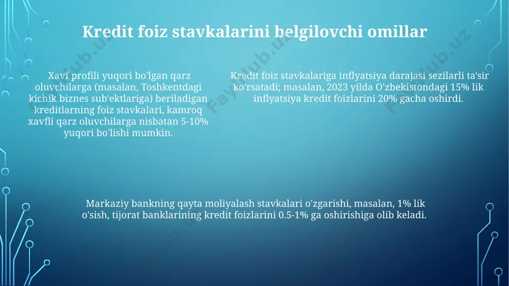 oshirmaslik, kechikish uchun qoʻshimcha 5-10% jarima foizlari bilan birga, jami foiz yukini 40% gacha oshirishi mumkin. 2023 yil maʼlumotlariga koʻra, samarqand viloyatida kredit karta foizlari oʻrtacha 25-30% atrofida boʻlib, bu mamlakatning boshqa hududlariga nisbatan biroz yuqoriroq. 2023 yil maʼlumotlariga koʻra, samarqand viloyatida kredit karta foizlari oʻrtacha 25-30% atrofida boʻlib, bu mamlakatning boshqa hududlariga nisbatan biroz yuqoriroq. kredit shartnomalarini diqqat bilan o'qish andijon viloyatida ro'yxatdan o'tgan kredit kompaniyalari shartnomalariga berilgan 10 kunlik fikrlash muddatini hisobga olish va shartnomalarni huquqiy maslahat bilan o'qish kerak. o'zbekistondagi mikroqarz tashkilotlarining ba'zilari 30% dan yuqori oylik foiz stavkalarini taklif qilishi mumkin, shuning uchun shartnomani batafsil o'rganish juda muhim. kredit shartnomalarida yashirin to'lovlar, masalan, 20% dan yuqori yillik foiz stavkalari yoki 5000 so'm miqdoridagi qo'shimcha xizmat haqqi toshkentdagi ayrim banklarda uchraydi. ipoteka kreditlari va foiz stavkalari samarqand viloyatida uy-joy sotib olish uchun berilgan ipoteka kreditlarining o'rtacha foiz stavkalari 18-22% oralig'ida bo'lib, kredit muddati 15 yilgacha cho'zildi. qoraqalpog'iston …