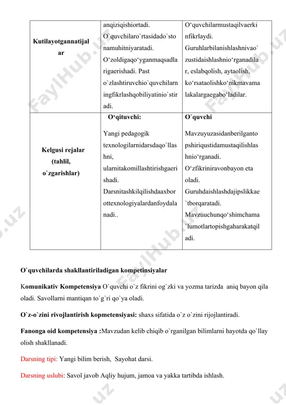 rchak tomonlariga ko`ra qanday turlarga bo`linadi. 5-savol: uchburchakning perimetri qanday topiladi. yangi mavzu bayoni navoiy bekati yurtboshimizning “ichki turizimni rivojlantirish” to`g`risidagi farmoni e`lon qilingan edi.bugungi darsimizni shu munosabat bilan sayohat darsi deb nomladik . sayohatni xorazm viloyatiga uyishtiramiz. samarqnd , navoiy buxoro va xorazm bekatlari darsimizning ketma –ket bekatlaridir. sinfni ikki guruhga, sinf jurnalidagi toq sonlar 1-guruh “bilimdonlar”, juft sonlar 2-guruh “a`lochilar” bo`lamiz. uchburchakning yuzini hisoblash uchun abcd to`g`ri to`rtbuchakdan foydalanamiz. uning ac dioganalini o`tkazib ikkita teng ucburchakalrga ajratamiz. tomonlari –bo`yi (asosi) a va eni (balandligi) b to`g`ri to`rtbuchakning yuzi s=ab ekanligidan bitta to`g`ri burchakli uchburchakning yuzi to`g`ri to`rtbuchak yuzidan ikki marta kichik ya`ni ga teng. to`g`ri burchakli uchburchakda a va b lar uning katetlaridir. to`g`ri burchakli uchburchakning yuzi katetlar uzunliklari ko`paytmasining yarimiga teng. har qanday uchburchakni doimo ikkita to`g`ri burchakli uchburchakka ajratish mumkin. u holda har qanday uchburchakning yuzi uning asosi va balandligi ko`paytmasining yarmiga teng. bu yerda h …