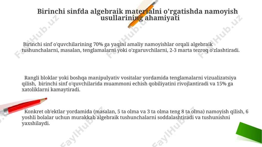 eradi. ko'rgazmali qurollardan, masalan, 10 ta olma va 5 ta nokdan foydalanib, tenglamalarni 1-sinf o'quvchilariga tushuntirish ularning algebraik tushunchalarini rivojlantirishga yordam beradi. o'yinlar va faoliyatlar orqali o'rgatish birinchi sinf o'quvchilariga algebraik tushunchalarni o'rgatishda 2-3 kishilik guruhlarda bajarilishi mumkin bo'lgan amaliy topshiriqlar va o'yinlar, masalan, tenglamalarni raqamli bloklar yordamida yechish, samarali bo'ladi. o'yinlar orqali 5-7 yoshli bolalar 10 ga teng bo'lgan miqdorlarni turli usullar bilan ifodalashni o'rganib, qo'shish va ayirish amallarini chuqurroq tushunadilar, bu algebraik fikrlashning boshlang'ich poydevorini quradi. raqamli kartalar va manipulyativ vositalardan foydalangan holda, birinchi sinf o'quvchilariga algebraik ifodalarni vizualizatsiya qilish imkoniyati yaratish, masalan 2+x=5 tenglamasini yordamida 3 ta olma topish, ta'lim samaradorligini oshiradi. shaxsiylashtirilgan yondashuv shaxsiylashtirilgan yondashuv 1-sinf oʻquvchilarining algebraga boʻlgan qiziqishini 2-3 baravar oshirishga yordam beradi, chunki ularning individual ehtiyojlari va oʻrganish uslublari hisobga olinadi. shaxsiylashtirilgan yondashuvda oʻqituvchi har bir oʻquvchiga 10-15 daqiqa vaqt ajratib, ular bilan alohida ishlashi mumkin, bu esa murakkab tushunchalarni tushunishda yordam beradi. …