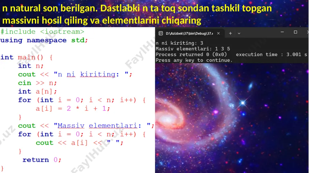 son ). 0.1; 0.2; 0.3; … 0.9; 1 kg konfetni narxini chiqaruvchi dastur tuzilsin a va b butun sonlari berilgan (a < b ). a dan b gacha bo’lgan barcha butun sonlar yig’indisini chiqaruvchi dastur tuzilsin. a va b butun sonlar berilgan (a < b ). a dan b gacha bo’lgan barcha butun sonlar ko’paytmasini chiqaruvchi dastur tuzilsin. a va b butun sonlar berilgan (a < b ). a dan b gacha bo’lgan barcha butun sonlar kvadratlarining yig’indisini chiqaruvchi dastur tuzilsin. n natural son berildan. quyidagi ko’paytmani hisoblovchi dastur tuzilsin. s = 11 * 12 * 13... ( n ta ko’paytuvchi). n butun son va a haqiqiy son berilgan. a ning n -darajasini aniqlavchi dastur tuzilsin. n natural va a haqiqiy sonlar berilgan. bir sikldan foydalanib aning 1 dan n gacha bo’lgan darajalarini chiqaruvchi dastur tuzilsin. n natural son va a haqiqiy son berilgan. bir sikldan foydalanib a ning 1 …