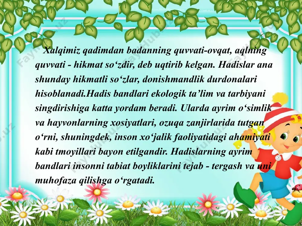 . 545. qush olloxning o‘lchovi bilan uchadi. 575. qush barak adir, tuya aqliga izzatdir. otning peshonasiga qiyomatgacha yaxshilik yozilgandir. 634. yenglar, ichinglar, kiyinglar, sadaqa qilinglar, ammo isrof qilmanglar mag‘rurlanmanglar. joni bor narsani o‘q otishda nishon qilmanglar. darxaqiqat bu xadisalarni, muqqadas kitoblarni o‘qib, tabiatga hurmat bilan qarash, har bir jonzotga mehr-shafqatda bo‘lish xissi qaror topadi. o‘ziga xos ekologik ta’lim vujudga keladi. tabiat va uning mahsullari inson uchun ekan, ulardan oqilona va odilona foydalanish kerak. yerga, suvga hayvonlar va nabototga bo‘lgan munosabatimizni tiklashimiz orqaligina ona tabiatnimizni asrab qolishimiz mumkin. global ekologiyaning taraqqiyotida v.n.sukachevning biotsnoz to‘g‘risidagi ta’limoti kuchli burilish vudujga keladi.umumiy ekologiyaning rivojlanishida katta xissa qo‘shgan olimlar bularga: - d.n.kashkarov. s.a.seversov. ekologik parazitologiyada: v.n.beklemishev, v.a.dogel, ye.n.pavlovskiy: ekolgik entomologiyasida - v.vasetsov, n.a.gerbilskiy, k.m.deryugin, l.a.zenkevich, s.a.zernov: o‘simlklar ekologiyasida: i.g.serebryakov, ye.p.korovin, k.z.zokirov va b. ekologik fiziologiyaning rivojlanishida olimlarimizning qilgan ishlari kattadir. o‘simliklarning qurg‘oqchilikga chidamligini maksimov, yu.s.grigoryevlar o‘rgandilar, yorug‘lik ta’sirini ivanov, fotosintez ekologiyasini lyubimenko, nichiprovich, zalenskiy, voznesenskiylar: …