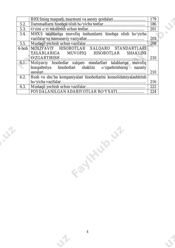 bo„yicha vazifalar................................................................................... 216 6.3. mustaqil yechish uchun vazifalar.......................................................... 222 foydalanilgan adabiyotlar ro„yxati.......................... 224 5 kirish o„zbekiston respublikasi prezidenti sh.mirziyoyev ta‟kidlaganidek: “makroiqtisodiy barqarorlikni yanada mustahkamlash va iqtisodiy o„sishning yuqori sur‟atlarini saqlab qolish, jumladan, milliy valyuta va ichki bozordagi narx darajasining barqaror bo„lishini ta‟minlash - eng muhim ustivor vazifamizdir” 1 . shuningdek, xo„jalik subyektlarini yanada rivojlantirish masalalari 2017-2021- yillarda o„zbekiston respublikasini rivojlantirishning beshta ustivor yo„nalishi bo„yicha harakatlar strategiyasida belgilangan ustuvor yo„nalishlarda ham alohida belgilab berilgan 2 . mamlakatimiz iqtisodiyotiga xorijiy investistiyalarni to„g„ridan-to„g„ri jalb etilishi, erkin iqtisodiy zonalarning tashkil etilishi va faoliyat yuritishi buxgalteriya hisobini moliyaviy hisobotning xalqaro standartlari asosida tashkil qilishni zarurat qilib qo„ymoqda. hozirgi vaqtda moliyaviy hisobotning xalqaro standartlari xo„jalik subyektlar tomonidan tashqi foydalanuvchilar ehtiyojlarini qondirishga yo„naltirilgan buxgalteriya axborotini tayyorlashda tobora keng foydalanilmoqda. bu holat axborotni sifatini oshirish, kapital qiymatini pasaytirish, kapital bozoriga kirishni osonlashtirish kabi bir qator sabablar bilan izohlanadi. ma‟lumki, moliyaviy hisobotlar xalqaro standartlarini bilmasdan turib ushbu standartlarga o„tib …