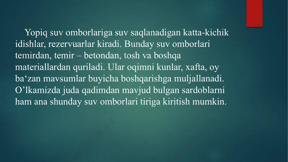 foydalanish bulgan. x-x11 asrlarga kelib ancha yirik suv omborlari qurilgan. ulardan biri x asrda barpo etilgan xonbandi suv omboridir. bu suv ombori pasttog’ darasining (jizzax viloyati, forish tumani) eng tor joyida qurilgan bulib, tug’onning balandligi 15 m dan ortiq bo’lgan hamda 1,5 mln. m3 dan kuproq suvni sig’dira olgan. o’rta asrlarda (xvi asr) qurilgan yirik suv omborlaridan biri samarqand viloyati okchob qishlog’i yaqinida barpo etilgan abdullaxonbandi suv omboridir. olimlar tomonidan tuplangan arxeologik ma‘lumotlar shu narsadan darak beradiki har ikki suv omborlarining tug’oni aniq hisob-kitob boyicha, oldindan tayyorlangan maxsus loyihalar asosida barpo etilgan. x1x asrning ikkinchi yarmiga kelib, rossiya imperiyasi o’rta osiyo yerlaridan yanada ko’proq boylik olish maqsadida irrigatsiya shoxobchalarini ta‘mirlash va yangilarini qurishga alohida e‘tibor berdi. 1910-1911 yillarda turkmaniston xududidagi mug’rob daryosida murg’ob va yultutan suv omborlari qurildi. daryo suvidan yanada unumliroq foydalanish maqsadida o’rta osiyo davlatlari xududida keyingi yillarda bir qancha suv omborlari loyixalandi va qurildi e’tiboringiz uchun rahmat …