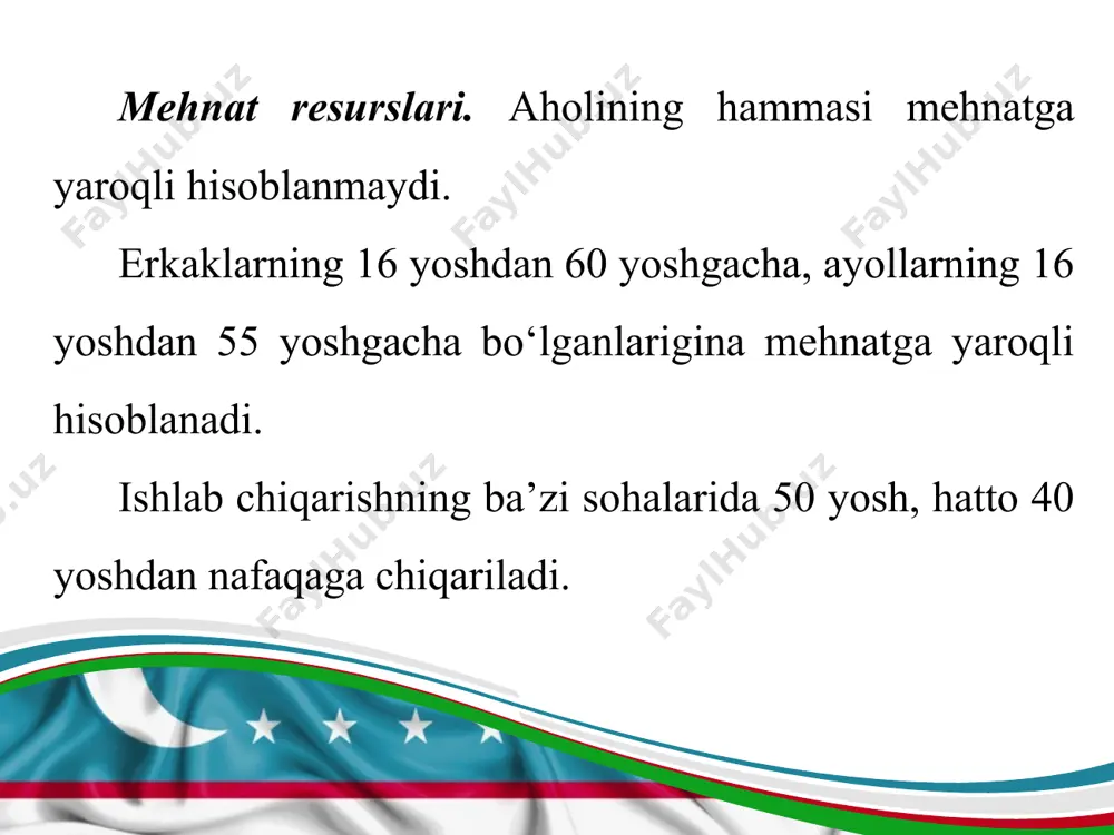 n omilini takror ishlab chiqarish xuddi ana shu jihatlarga bog‘liq. ikkinchi jahon urushining asorati tufayli 1945-1960-yillarda o‘zbekiston aholisi tarkibida erkaklar soni ayollar sonidan ancha kam edi. © presentationgo.com © presentationgo.com yillar o‘tishi bilan bu tafovut qisqara bordi. 1959-yilga kelib ayollar 52 foizni, erkaklar 48 foizni tashkil etdi. hozirgi vaqtda aholi tarkibida erkaklar va ayollar soni deyarli o‘zaro tenglashdi. © presentationgo.com © presentationgo.com aholining milliy tarkibida ham so‘nggi o‘n yilliklarda turli millat vakillarida tug‘ilishning turlicha miqdorda ekanligi hamda migratsiya hisobiga sezilarli o‘zgarishlar ro‘y berdi (12-rasm). © presentationgo.com o‘zbeklar salmog‘i 1989-yilda 71,5 foizni tashkil etgan bo‘lsa, 2017-yilga kelib qariyb 84 foizga yetdi. shuningdek, mamlakatda qoraqalpoq va tojiklarning salmog‘i ham oshdi. aholining milliy tarkibiga hamohang diniy tarkibi ham xilma-xil. uning asosiy qismini musulmonlar tashkil etadi.
