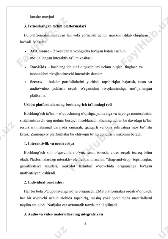 k tarzda tahlil qilinadi. 3. audio va video materiallarning integratsiyasi zamonaviy platformalarda audio va video kontentni osongina yuklab, darsga biriktirish mumkin. bu o‘qituvchining darsni jonlantirishiga, bolada eshitish va ko‘rish orqali idrok etishni rivojlantirishga xizmat qiladi. ayniqsa tovushli hikoyalar, video lavhalar, real hayotiy situatsiyalarni aks ettiruvchi roliklar orqali til o‘rganish, axloqiy tarbiya berish samarali amalga oshiriladi. 4. o‘qituvchi va ota-onalar o‘rtasidagi hamkorlik ko‘plab platformalarda ota-onalar uchun maxsus hisobotlar va statistika mavjud. bu orqali ota-onalar bolalarining o‘zlashtirish darajasi, darslarga ishtiroki, bajarilgan topshiriqlar bo‘yicha ma’lumotlarga ega bo‘ladi. o‘qituvchi esa ota-ona bilan birga farzand tarbiyasida hamkorlikni yo‘lga qo‘yadi. 5. masofaviy va hibrid ta’lim imkoniyatlari agar dars an’anaviy shaklda bo‘lib o‘tmasa (masalan, kasallik, pandemiya yoki boshqa sabablar tufayli), zamonaviy platformalar orqali masofaviy ta’limni tashkil etish mumkin. bu turdagi ta’limda bolalar video darslarni ko‘rish, topshiriqlarni bajarish va o‘qituvchidan fikr olish imkoniyatiga ega bo‘ladi. zamonaviy ta’lim platformalari ta’lim jarayonini yangicha yondashuv asosida tashkil qilishga keng imkoniyat yaratadi. …