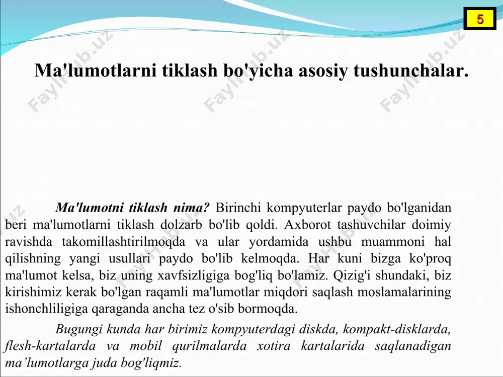 hikastlanishiga) nima sabab bo'ldi. ma'lumotlarni tiklash vositalari va usullari. 8 * ma'lumotlarni tiklash usullari agar axborot vositasidagi ma'lumotlar qayta yozilgan bo'lsa, unda ularni tiklash (mustaqil ravishda) biron bir usul bilan amalga oshirilmaydi va hech qanday dastur bunga yordam bermaydi. asosan ikkita usul ishlatiladi. ma'lumotni tiklash dasturi turli xil usullarni qo'llaydi 1.diskdagi fayllar va papkalar haqida ma'lumot to'plash orqali faylni tiklash. u ko'pgina yordam dasturlari tomonidan ishlatiladi, chunki u asl nomlari, vaqt, sana, yo'l va fayllar va papkalarning butun tuzilishini qayta tiklaydi. 2. turi yoki imzosi bo'yicha skanerlash orqali faylni tiklash. agar birinchi usul kerakli natijani bermasa, ishlatiladi. ko'proq fayllarni tiklashga imkon beradi, ammo diskdagi fayllar va papkalarning asl nomlari va to'liq tuzilishi yo'q. 9 * masalan, kerakli faylni qidirishda ma'lum bir papkani ochib, u erda topa olmaganingizdan so'ng, fayl qandaydir sabablarga ko'ra o'chirilgan deb qaror qilishingiz mumkin. masalan, ms word ko'pincha yangi hujjatlarni mening hujjatlarim papkasida saqlashga harakat qiladi. biroq, …