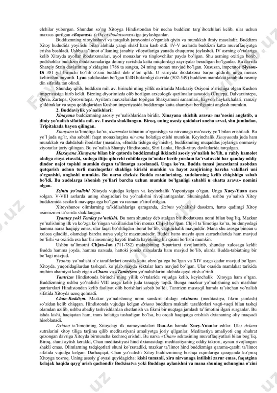 vuq, 8 marta g`oz, 6 marta fil, shuningdek, baliq, qurbaqa, kalamush, quyon qiyofalarida qayta tug`ilgan. jami 550 marta qayta tug`ilgan. u doimo qayerda, qay qiyofada tug`ilishini o’ziga o’zi belgilagan. so’nggi marta uni xudolar insoniyatni to’g`ri yo’lga boshlashi uchun inson qiyofasida yaratganlar. bu afsonalarning ba’zilariga ko’ra, yer yuzida gautamaga qadar 6 ta budda o’tgan. shuning uchun buddizmning ba’zi muqaddas joylarida 7 ta ibodatxona barpo etilgan. 7 ta bodxa daraxti o’tqazilgan. ba’zi afsonalar 24 ta budda avlodi o’tgan desa, ba’zilari minglab buddalar o’tgan deb da’vo qiladi. 2. buddaviylik ta`limoti. buddizm qadimiy hind diniy-falsafiy ta’limotlari asosida vujudga kelgan, o’ziga xos nazariyot va amaliyotdan iborat bo’lgan diniy tizimdir. budda yangi diniy qonun-qoidalar, rasm-rusumlar ishlab chiqmagan, balki har bir inson tug`ilish va o’lim mashaqqatlaridan qutilishi uchun amal qilishi lozim bo’lgan bir necha ko’rsatmalarni ishlab chiqdi, xolos. uning ta’limoti insonning xayolida, ishlarida va o’zini tutishida samimiy oliyjanoblik g`oyasini ilgari suradi. u vedalardagi gunohsizlik ta’limotini inkor qildi, …