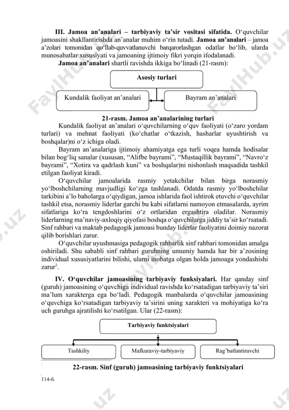 nidan amalga oshiriluvchi asosiy faoliyat о‘qish faoliyati sanaladi. aynan guruh jamoasida shaxslararo aloqa va munosabatlar tarkib topadi. shuningdek, guruhlar jamoalari negizida ta’lim muassasasining jamoasi shakllanadi. muassasa jamoasi ikki muhim bо‘g‘in – о‘qituvchilar jamoasi va о‘quvchilar jamoasi asosida tarkib topadi. о‘quvchilar jamoalariga о‘qituvchi va rasmiy saylangan (tayinlangan) о‘quvchilar yо‘lboshchilik qiladi. ular sirasiga guruh rahbari, guruh faollari (guruh yetakchisi (starosta), “kamolot” tashkilotining guruh bо‘limi raisi, tozalik komissiyasi raisi, devoriy gazeta muharriri va b.). jamoani shakllantirish muayyan qonuniyatlarga bо‘ysunadigan uzoq muddatli murakkab jarayondir. ii. о‘quvchi shaxsini tarbiyalashda sinf (guruh) jamoasining о‘rni. bola yoshligidan о‘yin, mehnat va о‘qish faoliyatlarini tengdoshlari bilan birgalikda tashkil etish asosida ijtimoiy muhitga moslasha boradi. ijtimoiy muhit bolaga borliqni anglash uchungina emas, balki о‘zligini anglash uchun ham imkoniyat yaratadi. bolaning jamoa orasida bо‘lishi, jamoa ta’sirida shakllanishi unda ijtimoiy faollikni yuzaga keltiradi. abu ali ibn sino ijtimoiy muhitning shaxsni shakllantirishdagi rolini yuqori baholaydi. tashqi muhit va odamlar insonning borliq, unda kechayotgan …