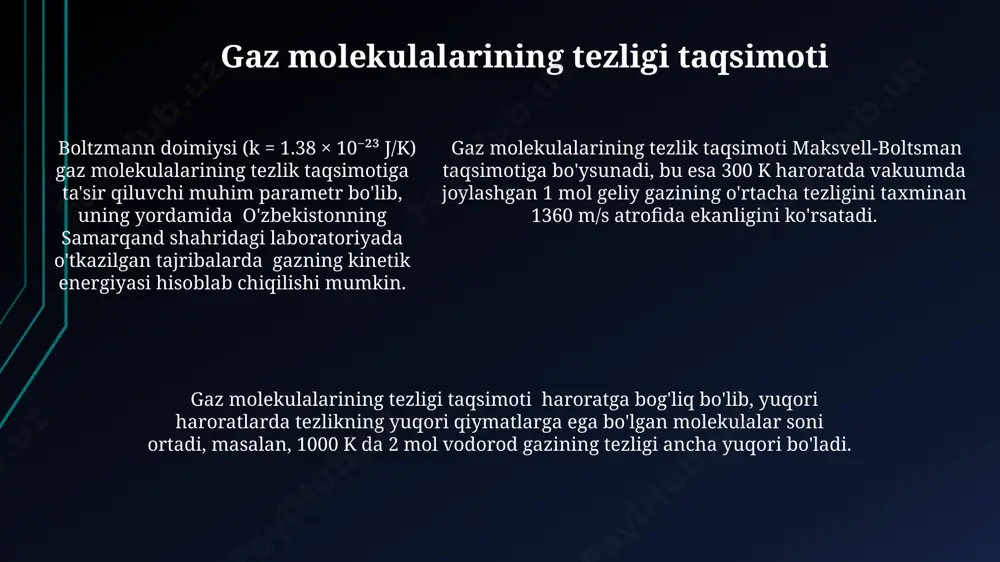 ymat bilan hisobga oladi va bu qiymat gazning tabiati va haroratiga bog'liq bo'ladi. real gazlarning bosimi uchun tuzatish, b parametri, taxminan 0,03 l/mol atrofida bo'lib, molekulalarning o'z hajmiga ega ekanligini va bu hajmning 273 k haroratda 1 mol gaz uchun ta'sirini aks ettiradi. molekulyar kinetik nazariyaning asosiy tenglamasini chiqarish molekulyar kinetik nazariyaning asosiy tenglamasini olish uchun ideal gaz qonuni (pv=nrt) va 3/2 kt o'rtacha kinetik energiya ifodasidan foydalaniladi, bu yerda k - boltsman konstantasi, t - mutlaq temperatura. gaz molekulalarining o'rtacha kvadrat tezligini hisoblash uchun, 1 mol gaz uchun 6.022 x 10^23 ta molekula borligini va avogadro sonini hisobga olish kerak, bu esa tenglama chiqarishda muhim ahamiyat kasb etadi. molekulyar kinetik nazariyaning asosiy tenglamasini chiqarish jarayoni, 17-asrda robert boyl va 18-asrda daniel bernulli kabi olimlarning tadqiqotlariga asoslangan bo'lib, ularning ishlari londonda va bazelda o'tkazilgan. e'tiboringiz uchun rahmat @taqdimot_robot