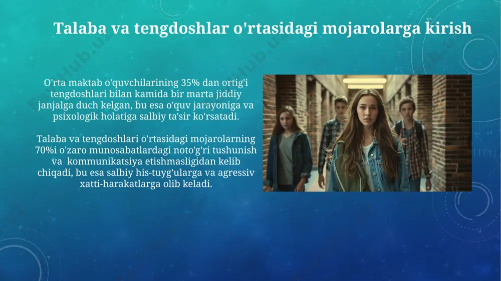 iya yoki vositachilik xizmatlaridan foydalanish, qarama-qarshiliklarni ob'ektiv baholash va 5 bosqichli hal qilish jarayonini qo'llash orqali konstruktiv yechimlarga erishishga yordam beradi. nizolarni hal qilishning 3 ta asosiy usuli - murosa qilish, kompromissga kelish va muammoni birgalikda hal qilish - har xil vaziyatlar uchun mos keladi va muvaffaqiyat darajasini oshiradi. guruhlarga bo'linish va ijtimoiy bosim guruhlarga bo'linish o'quvchilarning 70% gacha ijtimoiy izolyatsiyaga va o'ziga bo'lgan ishonchning pasayishiga olib kelishi mumkin, bu esa o'z navbatida agressiv xatti-harakatlarga sabab bo'ladi. "cyberbullying" kabi onlayn ijtimoiy bosimning ta'siri 15 yoshgacha bo'lgan o'quvchilarning 55 foizida ruhiy salomatlik muammolarini keltirib chiqarishi mumkin, bu esa tengdoshlar bilan ziddiyatlar ehtimolini oshiradi. qadriyatlar va e'tiqodlarning farqi qadriyatlar o'zgaruvchan bo'lishi mumkin, avlodlar o'tishi bilan yoki madaniy ta'sirlar natijasida 20-30% ga o'zgaradi, e'tiqodlar esa odamning shaxsiy ishonchlari bo'lib, o'zgarishi ancha qiyinroq. qadriyatlar odatda jamiyat tomonidan qabul qilingan umumiy me'yorlarni, 5-10 ta asosiy tamoyilni ifodalasa, e'tiqodlar esa shaxsiy va chuqurroq, ba'zan diniy yoki …
