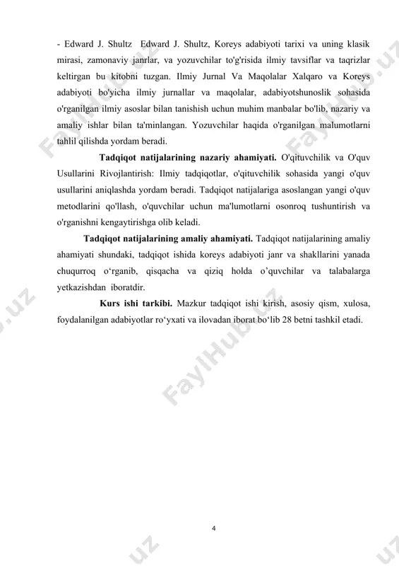 o'rganishni kengaytirishga olib keladi. tadqiqot natijalarining amaliy ahamiyati. tadqiqot natijalarining amaliy ahamiyati shundaki, tadqiqot ishida koreys adabiyoti janr va shakllarini yanada chuqurroq o‘rganib, qisqacha va qiziq holda o’quvchilar va talabalarga yetkazishdan iboratdir. kurs ishi tarkibi. mazkur tadqiqot ishi kirish, asosiy qism, xulosa, foydalanilgan adabiyotlar ro‘yxati va ilovadan iborat bo‘lib 28 betni tashkil etadi. i bo‘lim. kim su yongning hayoti va ijodi: 1. koreys adabiyoti namoyondalari zamonaviy tafakkur va turmush tarzini tarannum etuvchi she'rlar ilk bor asr boshlarida paydo bo'la boshlagan, biroq bu qo'shiqlarning aksariyati ma'rifatparvarlik harakati deb ataladigan qadriyatlarni mexanik tarzda aks ettirgan. haqiqatan ham 1920-yillarda zamonaviy koreys sheʼriyatining birinchi muhim asarlari paydo boʻldi. birinchi martdagi mustaqillik harakati muvaffaqiyatsizlikka uchragach, koreys adabiy dunyosida nigilizm va romantik tanazzul tendentsiyalari keng tarqalgan edi; davrning yosh shoirlari ko‘pincha erkin she’rlarda shaxsning g‘azab va g‘amlarini kuylaganlar. koreys xalqining mustamlakachilik holatini, milliy suverenitetni yo‘qotish fojiasini she’riyat olamiga olib kelgan yuksak saviyali lirik shoirlar ham yetishib …