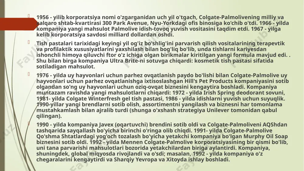 o'plab sovunlarga to'liq yoki qisman homiylik qildi, shu jumladan 1968 yil iyul oyida nbc va abc telekanallarining one life to live shoularida debyut qilgan. 1974-yil dekabrida abc oʻzining yaratuvchisi agnes niksondan one life to live -ni sotib olmaguncha. biroq, shifokorlar 1963-yilning aprelidan 1982-yilning dekabrida bekor qilinguniga qadar butun faoliyati davomida colgate-palmolive tomonidan homiylik qilingan. doktorlar bekor qilinganidan keyin colgate-palmolive b oshqa shouga homiylik qilmadi. p&g 2010-yil sentabr oyida “ dunyo aylanayotganda” so‘nggi shousi bekor qilinmaguncha, har uch tarmoqda bir nechta seriallarga homiylik qilishni davom ettirdi . 1960 va 1970-yillarda colgate-palmolive prezidenti, bosh direktori va boshqaruv kengashi raisi jorj genri lesh firmani katta qayta qurish bilan zamonaviy kompaniyaga aylantirdi. colgate kampaniyasi, dunyodagi eng yirik va nufuzli gigiena vositalari ishlab chiqaruvchilardan biri, o'zining muvaffaqiyatiga erishishda samarali boshqaruv modeli va strategiyasiga tayanadi. colgate-palmolive kompaniyasi o'z hodimlarini boshqarishda quyidagi asosiy tamoyillarga e'tibor qaratadi: markaziy rivojlanish va raqamlashtirish: colgate kompaniyasi raqamli transformatsiyaga katta ahamiyat beradi. …