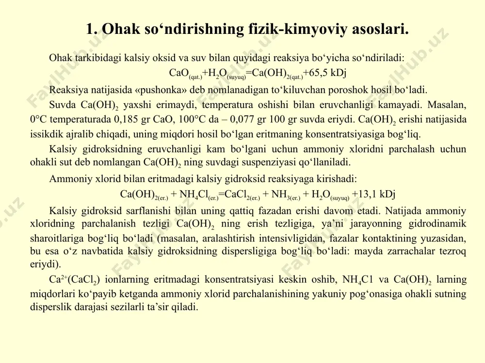 alarining bir xil o‘lchami ko‘proq vaqt ichida saqlanadi, bu esa uni dozirovka va quvurlar orqali transportirovka qilishda katga ahamiyatga ega. shuni aytish kerakki, agar ohakni so‘ndirish uchun ditiilli suyuqlik qo‘llanilsa, suspenziyaning suyuq fazasini zichligi oshadi va barqaror kuvurlar orqali yaxshi uzatiladigan suspenziyani hosil qilishi mumkin. lekin oxakli sutda cac12 ning mavjudligi sutning reaksion faolligini kamaytiradi. kalsiy gidroksid suspenziyasining disperslik darajasi ko‘proq cao ning so‘ndirish darajasini aniqlaydigan omillarga bog‘liq bo‘ladi. masalan, so‘ndirishga berilayotgan suvning temperaturasi oshirilsa so‘ndirish darajasi va hosil bo‘layotgan suspenziyaning disperslik darajasi oshadi (4.1-rasm). soda korxonalarida berilayotgan suvning temperaturasi 60-80°c ni tashkil qiladi. so‘ndirishga berilayotgan suvning miqdori ham so‘ndirishning tezligiga ta’sir qiladi, demak olinayotgan suspenziya dispersligiga ham ta’sir qiladi deyish mumkin. agar kalsiy oksidga «pushonka» [100% ca(oh)2] hosil qiladigan miqdorda suv qo‘shilsa, cao ga 2 – 3 karra ortiqcha suv qo‘shilishi bilan olingan oxakli sutga nisbatan hosil bo‘lgan «pushonkaning» dispersli darajasi kam bo‘ladi, chunki suv miqdori ko‘p bo‘lganida oxak …