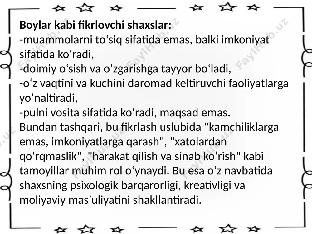 oqalarni mustahkamlashga va hamkorlar bilan munosabatlarni rivojlantirishga sarflaydi (ferreira, 2012). bunda "ijtimoiy kapital" — ya’ni shaxsning aloqa tarmog‘i, ishonch va o‘zaro yordamlashuvga asoslangan aloqalar majmuasi — moliyaviy kapitaldan ham muhimroq ekani ta’kidlanadi . e'tiboringiz uchun raxmat🤗 image1.jpeg image2.jpeg image3.jpeg image4.jpeg image5.jpeg image6.jpeg image7.jpeg