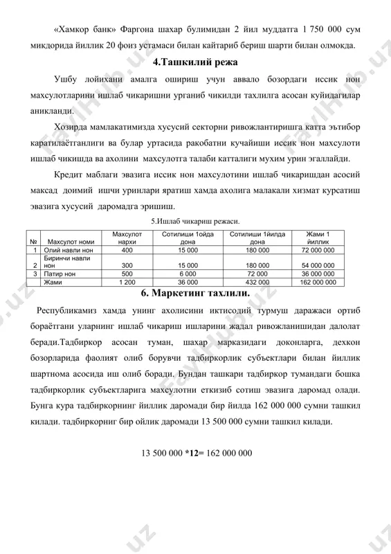 би катталиги мухим урин эгаллайди. кредит маблаги эвазига иссик нон махсулотини ишлаб чикаришдан асосий максад доимий ишчи уринлари яратиш хамда ахолига малакали хизмат курсатиш эвазига хусусий даромадга эришиш. 5.ишлаб чикариш режаси. № махсулот номи махсулот нархи сотилиши 1ойда дона сотилиши 1йилда дона жами 1 йиллик 1 олий навли нон 400 15 000 180 000 72 000 000 2 биринчи навли нон 300 15 000 180 000 54 000 000 3 патир нон 500 6 000 72 000 36 000 000 жами 1 200 36 000 432 000 162 000 000 6. маркетинг тахлили. республикамиз хамда унинг ахолисини иктисодий турмуш даражаси ортиб бораётгани уларнинг ишлаб чикариш ишларини жадал ривожланишидан далолат беради.тадбиркор асосан туман, шахар марказидаги доконларга, дехкон бозорларида фаолият олиб борувчи тадбиркорлик субъектлари билан йиллик шартнома асосида иш олиб боради. бундан ташкари тадбиркор тумандаги бошка тадбиркорлик субъектларига махсулотни еткизиб сотиш эвазига даромад олади. бунга кура тадбиркорнинг йиллик даромади бир йилда 162 …