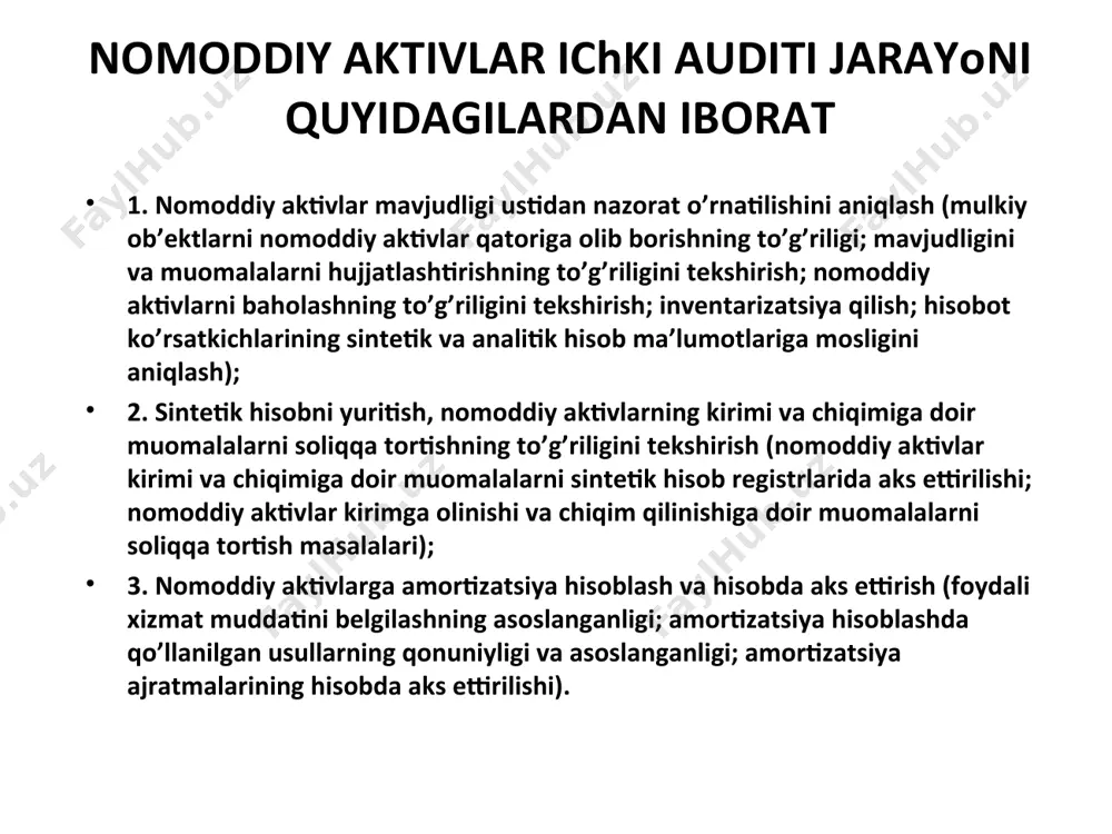 ari, bank ko’chirmalari, kassir hisobotlari, cheklar koreshoklari bilan solishtiriladi, zarur hollarda esa bevosita bank muassasasida tekshiriladi. agar bank ko’chirmalarida o’chirilgan, to’g’rilangan, shuningdek, qoldiqlar to’g’ri kelmasa, bankdagi hisob-kitob schyotidan ishonchli ko’chirmani olish zarur. 3. bankdagi schyotlarga doir muomalalarni hisobga olish va nazorat qilishning holatini tekshirish auditor bankdagi schyotlarga doir muomalalar auditini bankdagi milliy va chet el valyutasidagi pul mablag’lari to’g’risidagi ma’lumotlarni hamda ularga ilova qilingan soliq hisobotini tekshirishdan boshlaydi. bunda dastavval bankda ochilgan schyotlar soni va raqami hamda qaysi bankda ochilganligini aniqlanadi. bu ma’lumotlar auditorga barcha schyotlar bo’yicha bank ko’chirmalarini va har bir schyot bo’yicha hisob registrlarini tekshirish uchun kerak bo’ladi so’ngra auditor korxona va bank o’rtasidagi o’zaro munosabatlarning yuridik asoslarini aniqlaydi, bank xizmati ko’rsatish to’g’risidagi shartnomaning o’zbekiston respublikasi fuqarolik kodeksi normalariga muvofiqligini tekshiradi bankdagi schyotlarga doir muomalalarni hisobga olish va nazorat qilishning holatini tekshirish bankdagi schyotlar bo’yicha pul mablag’lari kirimi va chiqimiga doir muomalalar bankda tegishli dastlabki hujjatlar bilan rasmiylashtiriladi. …