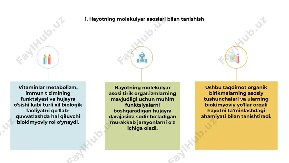 kimyoviy reaktsiyalarni katalizlash orqali hujayra metabolizmida hal qiluvchi rol o'ynaydi. ular substratlarni mahsulotga aylantirishni tezlashtiradi, muhim jarayonlarni samarali va tez qiladi. enzimatik reaktsiyalarni tushunish hujayralar qanday ishlashi va gomeostazni saqlab turishini tushunish uchun kalit hisoblanadi. vitaminlar kofermentlar yoki kofaktorlar vazifasini bajaradi, fermentlarga katalitik faolliklarida yordam beradi va hujayra jarayonlarining uzluksiz ishlashini ta'minlaydi. hayotning molekulyar asosi fermentlar, substratlar va kofaktorlar o'rtasidagi murakkab o'zaro ta'sirlar atrofida aylanadi. ushbu muhim komponentlarsiz hujayra metabolizmi samarasiz bo'lib, barcha tirik organizmlarning to'g'ri o'sishi va saqlanishiga to'sqinlik qiladi. 1 2 3 5. vitamin etishmasligining inson salomatligiga ta'siri vitaminlar inson organizmidagi turli biokimyoviy jarayonlarda hal qiluvchi rol o'ynaydi, fermentativ reaktsiyalarda muhim kofaktorlar bo'lib xizmat qiladi. ushbu muhim oziq moddalarning etishmasligi jiddiy sog'liq muammolariga olib kelishi mumkin. vitamin etishmasligi inson salomatligiga jiddiy ta'sir ko'rsatishi mumkin, natijada tungi ko'rlik (a vitamini etishmovchiligi), kamqonlik (b12 vitamini etishmovchiligi) va iskorbit (s vitamini etishmovchiligi) kabi kasalliklar paydo bo'ladi. optimal salomatlikni saqlash uchun vitamin …