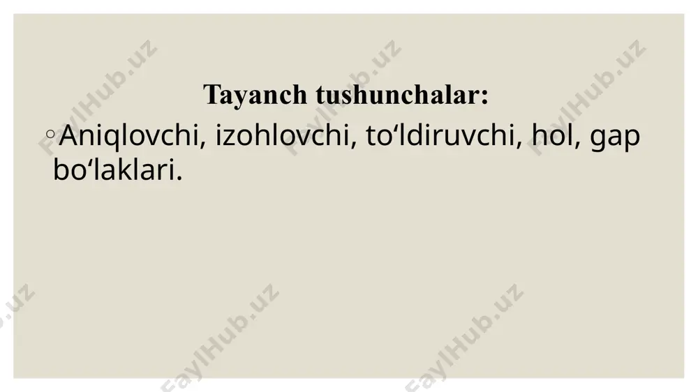 lan: u bilan uchrashishning ming xil yo‘lini izladi. (s.ahmad). ovora bo‘lmoqning nima zarurati bor? (a.qodiriy). 3) otlashgan sifat bilan: nomardga ishi tushmagan mardning qadrini bilmas. (maqol). tekinning minnati ko‘p, mehnatning ziynati ko‘p. (maqol). qo‘rqoqning ko‘zi katta, ahmoqning so‘zi katta. (maqol). 4) otlashgan son bilan: o‘nning yarmi – besh. 5) otlashgan olmosh bilan (sifat, son o‘rnida qo‘llanadigan otlashgan olmosh bilan): buning sababi ko‘p. (p.qodirov). 6) otlashgan sifatdosh bilan: o‘qiganning tili ko‘p uzun bo‘ladi. (maqol). 7) otlashgan ravish bilan: ertaning buguni bor, bugunning ertasi bor. (maqol). qaratuvchi ba’zi hollarda so‘z birikmasi bilan ifodalanishi mumkin. masalan: ... kim bo‘lsa ham beklardan birining shunday tinchsizlik chiqarishig‘a «mumkin va bo‘ladirg‘an ish» deb qarar edi. (a.qodiriy). cho‘qqida yashashning ta’rifi ulug‘, cho‘qqidan olam keng, cho‘qqida - yorug‘!!! (shuhrat). qaratuvchi gapga teng predikativ birlik bilan ham ifodalanadi. masalan: uyda rohati yo‘qning ko‘chada farog‘ati yo‘q. (maqol). dili qing‘irning tili qing‘ir. (maqol). qizi borning nozi bor. (maqol). qaratuvchi ikki xil …
