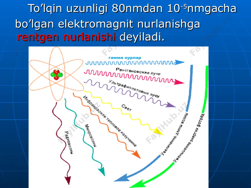 rentgen nurlanishi fotonlarining energiyasi 60-120kev kompyuterli rentgen tomografiyasi – bu elektron-nur trubkasida yoki qog’ozda ob’yekt(organ)ning tasvirini qatlam-qatlam qilib tushirish, bunda masalan miyaning oq va kulrang moddasini ajratish va juda kichkina o’simta hosil bo’lish joyini ko’rish mumkin. rentgenoterapiya – nur terapiyasi usuli bo’lib, rentgen nurlanishi yordamida amalga oshiriladi.hozirda qisqa fokusli (qisqa masofali) rentgenoterapiya ko’proq qo’llaniladi. u yordamida tana sirtida, terida yuqori va pastki labda, og’iz bo’shlig’ida, to’g’ri ichakda va h.k.da joylashgan o’simtalarni, tomirli o’simtalarni (angisarkoma,gemangioma, limfangioma) davolashda qo’llaniladi. rengenoterapiyada fotonlarning maksimal energiyasi 150-200kev, masofa 15-300mm bo’lib,bir marta beriladigan doza 200-250rad.doza yig’indisi 5000-6500 rad.bir haftada 5ta fraksiya ritmida beriladi.ayrim hollarda doza oshiriladi. o’simta harakterida bo’lmagan protseslarni (qattiq shamollash joylari,ekzema, neyrodermit va h.k.) rengenoterapiya boshqa terapiya usullari yordam bermagan holatlarda qo’llaniladi,bunda doza minimal bo’ladi(bir marta – 15-25rad), terapevtik effektivlik 85-98% ni tashkil qiladi. bu usulni bolalarda, xomilalardor ayollarda o’tkazish man qilinadi.