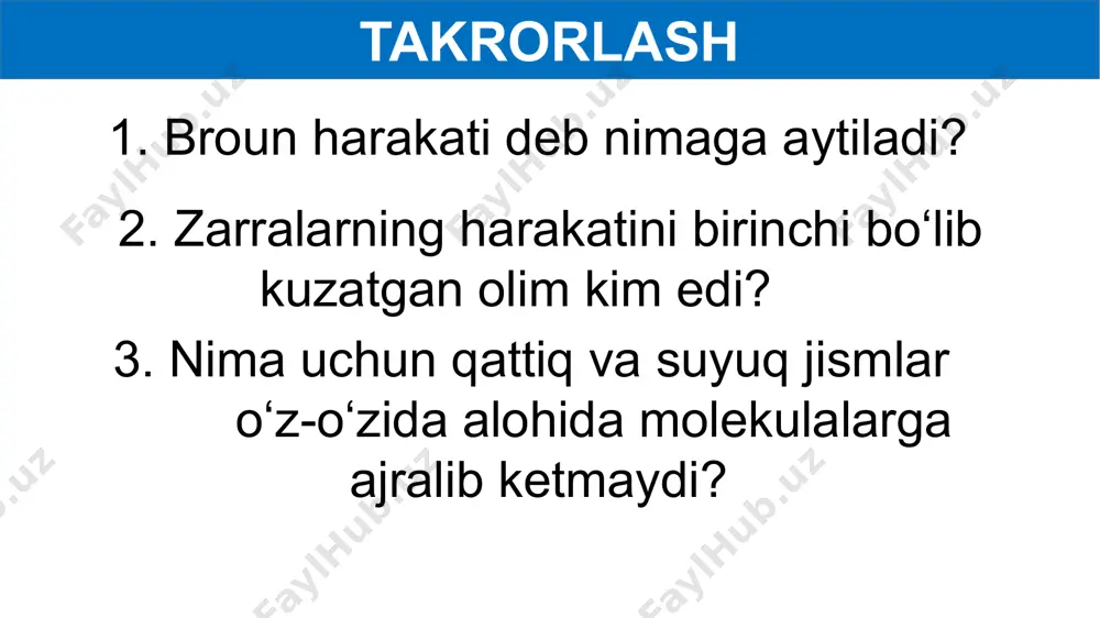 b qolmaydi. diffuziyaning afzalligi sabzavotlarni tuzlash ham diffuziya hodisasiga asoslangan. diffuziyaning afzalligi diffuziya inson va hayvonlar hayotida katta ahamiyatga ega. masalan, havodagi kislorod diffuziya tufayli inson terisi orqali organizmga kiradi. diffuziyaning afzalligi diffuziya tufayli oziqlantiruvchi moddalar ichakdan qonga o‘tadi. topshiriq topshiriq amaliy topshiriq piyolaga issiq choy quyib, unga choy qoshiqda shakar yoki qand solib aralashtiring. asta-sekin oz-ozdan yana shakar solib, choyda erishini kuzating. shakarning ma’lum miqdoridan so‘ng solingan shakar erimay qoladi. sababi haqida o‘ylab ko‘ring. mustaqil bajarish uchun topshiriqlar: mavzu oxiridagi savollarga javob yozing. kundalik hayotda diffuziya hodisasiga yana qanday misollar keltira olasiz? o‘zaro aralashmaydigan suyuqliklarni bilasizmi? image3.png image4.png image5.gif image6.png image7.gif image8.png image9.png image10.png image11.png image12.png image13.png image14.png image15.png image16.png image17.png image18.png image19.png image20.png image21.png image22.png image23.png image24.gif image25.png image26.png image27.png image28.png image29.png image30.png image31.png image32.png image33.png image34.png image35.png image36.png image37.png image38.png image39.png image1.png /docprops/thumbnail.jpeg