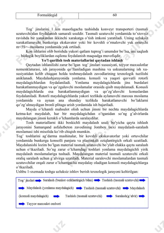 ni shamol uzok, masofaga tarkatadi. portlashdan keyingi 4 soat davomida xam portlash joyidan 3500 m da changning jamlanish mikdori rechch da ko’rsatilganidan ko’p bulishi aniqlangan. burg’ilash-por​tlatish ishlariga tog’ jinslarini ishlab chiqarish talablariga muvofik, gabarit bo’laklar o’lchamigacha mos ravishda bir me’yorda parchalash, tashish va yuk ortish vositalarining ish unumdorligini oshiruvchi berilgan kursatkichlarda portlatilgan massa zaxirasini ishlab chiqish kiradi. o’rtacha quvvatli ochiq kon ishlarida tog’ jinslarini tashish masofasi 50 m gacha bo’lgan xolda buldozer, 500 m gacha — skreper, 300 m gacha — ekskavator, bir kovshli yuklovchi mashina va yuk ko’tarish qobiliyati 4,5—14 t gacha bo’lgan ag’darma avtomashinalar ishlatiladi. kon ishlarini bajarishda atmosfera yo’l qurilish mashinalar ishi jarayonida hosil bo’lgan chikarilma gaz​lar bilan ifloslanadi. chikarilma gazlar taxminan 1200yoki molekulasining to’liq yonishi ma’lum miqdorda kislorod molekulasi kerak. amalda esa aksincha havo aralashmada kislorod ko’p sarflanib yonganda ham ba’zi sabablarga ko’ra uning tarkibida kislo​rod mikdori yetarli bo’lmagan mintaqalar paydo bo’ladi. yo’l qurilishi ishlarida foydalaniluvchi …