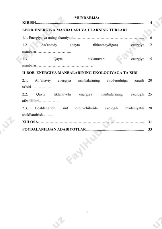 asrashga yo‘naltirilgan dars va loyihalarni keng joriy etish zarur. mazkur qarorda “energiya samaradorligini oshirish va ekologik xavfsizlikni ta’minlash” dolzarb vazifa sifatida qayd etilgan. shunday ekan, boshlang‘ich ta’lim tizimida tabiiy fanlar orqali o‘quvchilarga energiya manbalari va ularning ekologiyaga ta’siri haqida to‘g‘ri tushuncha berish – zamonaviy ta’limning muhim yo‘nalishlaridan biridir. maktab yoshidagi bolalarda atrof-muhitga ehtiyotkorlik bilan munosabatda bo‘lish, energiya tejash, qayta tiklanuvchi energiya manbalarini qadrlashga doir bilim va ko‘nikmalarni shakllantirish orqali biz ularni ekologik mas’uliyatli avlod sifatida tarbiyalaymiz. ushbu kurs ishida energiya manbalarining turlari, ularning atrof-muhitga ijobiy va salbiy ta’siri, shuningdek, boshlang‘ich sinf o‘quvchilarida ekologik madaniyatni shakllantirish masalalari o‘rganiladi. mavzu tanlanishiga sabab – u nafaqat global miqyosda, balki milliy ta’lim va tarbiya tizimida ham dolzarb ahamiyat kasb etmoqda. shu bois ushbu mavzuni chuqur o‘rganish va uni boshlang‘ich ta’lim dasturlariga samarali integratsiya qilish bugungi kunda alohida ahamiyatga ega. kurs ishining maqsadi. boshlang‘ich ta’limda tabiiy fanlar fani orqali o‘quvchilarga energiya manbalari, ularning turlari va …