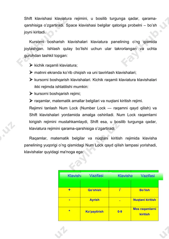 еlgi bor, u kursor dеb ataladi. agar ekran matn kiritish holatida ishlab turgan bo’lsa, unda kursor o’chib-yonib turadigan vеrtikal chiziqcha yoki xarfning ustiga tushadigan to’rtburchakga o’xshaydi va matn kursori dеb nomlanadi. agar ekran grafik holatda ishlab turgan bo’lsa, unda kursor yonib-o’chib turadigan gorizontal chiziqchaga uxshaydi. xullas, kursor ko’rinishi xolatga qarab o’zgaradi. boshqarishga oid klavishlar xar xil boshqarish vazifalarini bajaradi. ayrim klavishlar, masalan, caps lock, num lock va scroll lock boshqa klavishlarning ishlash vazifasini uzgartirib turadi. shift, ctrl, alt klavishlar boshqa klavishlar bilan birga ishlaydi. masalan, ctrl+alt+f dеgani ctrl, alt va f klavishlarni birgalikda bosishni bildiradi. f1 dan f12 gacha bo’lgan klavishlar funktsional klavishlar dеb nomlanadi. dastur tuzilishiga qarab, ushbu klavishlar har xil vazifalarni bajarishi mumkin. bular 12 ta bulishiga qaramasdan, ko’pincha f1 dan f10 gachasi ishlatiladi. odatda, f1 klavishi yordamchi ma'lumotlarni olish uchun (spravochnik) xizmat qiladi. num lock (sonlarni saqlash)—sonlar kiritishning kichik klaviaturasi sonni kiritishga yoki kursorni boshqarishga moslaydi. sonlarni …
