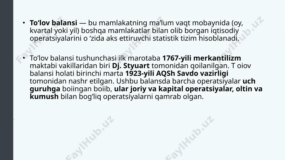 balansining makroiqtisodiy ahamiyati quyidagilardan iborat. 1. to‘lov balansi – bu mamlakatning xorijiy sheriklari bilan xalqaro iqtisodiy munosabatlarini aks ettirishning ixcham (lo‘nda) shakli. 2. to‘lov balansi davlat tashqi iqtisodiy aloqalarining ko‘lamlari, tarkibi va xususiyatini miqdoriy va sifat jihatdan ifodalashni o‘zida namoyon etadi. 3. to‘lov balansi kredit-pul, valyuta, byudjet-soliq, savdo siyosatining vositalari hamda yo‘nalishlarini tanlash va davlat qarzini boshqarishning muhim indikatori hisoblanadi. to‘lov balansini tuzishda ikki yoqlama yozish doimo amalga oshavermaydi. ba’zi hollarda bitimlaming moliyalashtirish manbayi noma’lum bo'lsa, ba’zida operatsiyalarni ro‘yxatdan o‘tkazish imkoni yo‘qligi sababli qayta yozishning iloji bo‘lmaydi. barcha kredit va debetli yozuvlaming tengligini ta’minlash maqsadida «xatoliklar va yo‘qotishlar» moddasi joriy etilgan bo‘lib, unda bir tomonlama aks ettirilgan bitimlar teskari belgi bilan aks ettiriladi. «xatoliklar va yo‘qotishlar» moddasi xalqaro qisqa muddatli kapitallar harakati, jumladan xususiy shaxslar o‘rtasidagi amalda ro‘yxatga olish qiyin bo’lgan operatsiyalarni aks ettiradi. mamlakat to'lov balansi, agar xorijdan keladigan tushumlar uning to'lovlaridan ko‘p bo‘lsa — aktiv (ijobiy), agar xorijga …