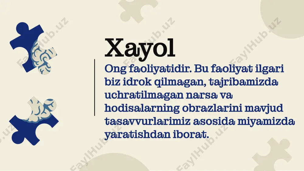 zlarni yaratish masalan: a.kahhor hikoyalari («o’g’ri», «bemor») a.qodiriy («o’tgan kunlar») romani kabilar. aksentlashtirish (urg’u berish) – ayrim belgilarni ta’kidlash orqali obrazlar yaratish masalan: o’rtoqlik hazillari. aksentlashtirish badiiy adabiyotlarda juda ko’p qo’llaniladi. yuqoridagi xayol jarayonlari orqali yaratiladigan obrazlar analiz va sintez jarayonida ro’y beradi. chunki har bir narsani yoki hodisani avval analiz (tahlil) qilib ko’riladi, keyin ularni sintez (birlashtirish) qilish orqali yangi obrazlar hosil qilinadi. xayol jarayonlaridagi voqelik o’zgargan tarzda aks ettiriladi. bunda xayol yaratayotgan obrazlar voqelikka mos kelishi, voqelikni to’g’ri aks ettirilishi mumnik va bu voqelikka mos kelmasligi mumkin. voqelikni to’g’ri aks ettirgan obrazlar real obrazlar deb nomlanadi. xayolning realligi xayol va ijodkorlik ma’lum bir insonga ijod qilish imkoniyatini yaratuvchi , boshqalardan esa bu imkoniyatni darig‘ tutuvchi nima ekanligi haqidagi masala mashhur olimlarni o‘tmishdan qiynab keladi. xuddi shunday, fransiyalik psixolog t. ribo tomonidan asoslab berilgan ijodiy jarayonda algoritmlashtirish va uni o‘qitishning imkoniyati mavjud emasligi haqidagi nuqtai nazariuzoq vaqt hukmron fikr …