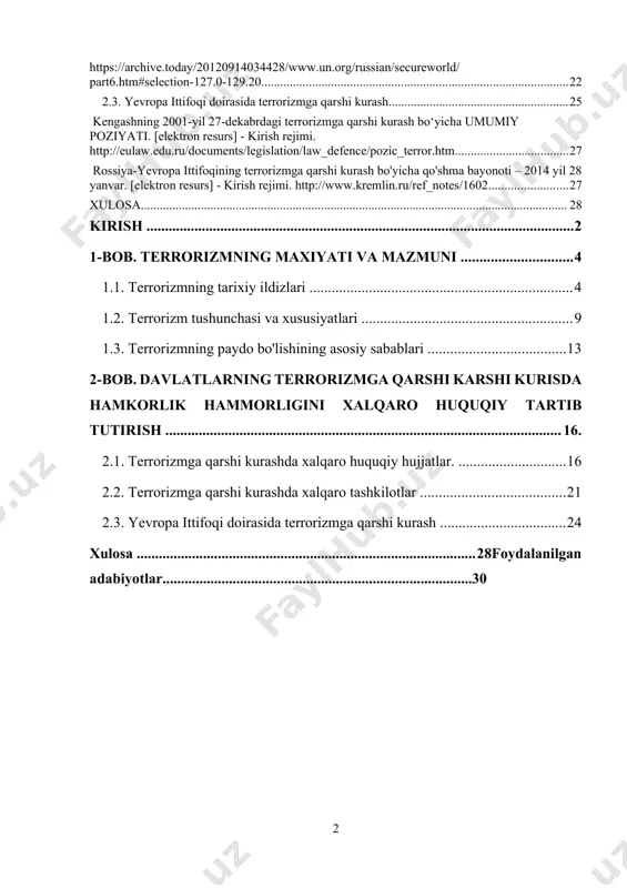 muammosiga aylantirdi. bugungi kunda xalqaro terroristik tashkilotlar o‘z faoliyatini nafaqat qurolli harakatlar, balki axborot urushi, internet targ‘iboti, moliyaviy jinoyatlar orqali ham amalga oshirmoqda. “islom davlati” (daish) misolida ko‘rish mumkinki, terrorizm endi virtual makonda ham keng yoyilib, yoshlarni ekstremistik g‘oyalarga jalb etishning yangi mexanizmlarini yaratmoqda. birlashgan millatlar tashkiloti (bmt) terrorizmga qarshi kurashni global xavfsizlik siyosatining ustuvor yo‘nalishi sifatida belgilagan. shu maqsadda maxsus rezolyutsiyalar qabul qilingan, terrorizmga qarshi global strategiya ishlab chiqilgan. yevropa ittifoqi, shht, mdh kabi mintaqaviy tuzilmalar ham terrorizmga qarshi kurashda alohida dasturlarni amalga oshirmoqda[footnoteref:1]. [1: bmt bosh assambleyasi. xalqaro terrorizmga qarshi kurash bo‘yicha global strategiya. – nyu-york, 2017.] o‘zbekiston prezidenti shavkat mirziyoyev ta’kidlaganidek: “terrorizm, ekstremizm va radikalizm kabi tahdidlar hech bir chegarani tan olmaydi, ular insoniyat taraqqiyotiga xavf tug‘diradi”. demak, xalqaro terrorizmni o‘rganish, uning paydo bo‘lish sabablari, keng tarqalish omillari va unga qarshi kurash mexanizmlarini tahlil qilish dolzarb ilmiy-amaliy ahamiyatga ega[footnoteref:2]. [2: mirziyoyev sh.m. yangi o‘zbekiston strategiyasi. – toshkent: …