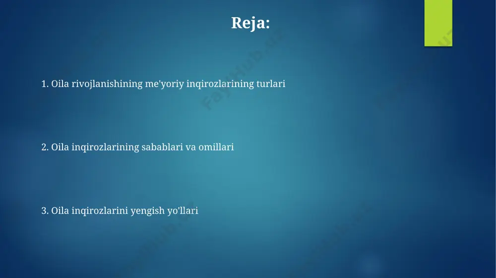 aviy qiyinchiliklar tufayli bolalar ta'limini qisqartirishga majbur bo'lgan, bu esa kelajakdagi ijtimoiy-iqtisodiy rivojlanishga salbiy ta'sir ko'rsatadi. oila byudjetining 60% dan ko'prog'ini oziq-ovqatga sarflaydigan qishloq oilalarida, andijon viloyati misolida, moliyaviy inqirozlar ko'pincha oilaviy nizolar va tarqalishlarga sabab bo'ladi. maktab yoshidagi inqirozlar 14-16 yosh oralig'ida o'zlikni anglash va shaxsning mustaqillikka intilishi bilan bog'liq inqirozlar kuzatiladi, bu davrda andijon viloyatidagi maktablarda o'quv jarayoniga qiziqishning pasayishi 15% ga yetgan. maktab yoshidagi bolalarda o'qishga moslashish davrida (7-8 yosh) o'ziga bo'lgan ishonchning pasayishi va ijtimoiy qo'rquv kuchayishi kuzatiladi, bu esa samarqanddagi 200 nafar bola ustida o'tkazilgan tadqiqotlar natijalarida tasdiqlangan. nikohning dastlabki yillaridagi inqirozlar oilaviy rollarga moslashishdagi qiyinchiliklar, masalan, bolalar tarbiyasi yoki uy ishlariga boʻlingan masʼuliyatsizlik, nikohning birinchi 5 yilida ajralish sabablarining 40% ini tashkil etadi, ayniqsa, samarqand viloyatida. jinsiy hayotdagi muammolar, yaʼni 2 yildan keyin jinsiy aloqa chastotasi kamayishi va bu bilan bogʻliq qoniqmaslik, nikohning dastlabki yillaridagi inqirozlarning 35% ga hissa qoʻshadi, bu fargʻona vodiysida olib …