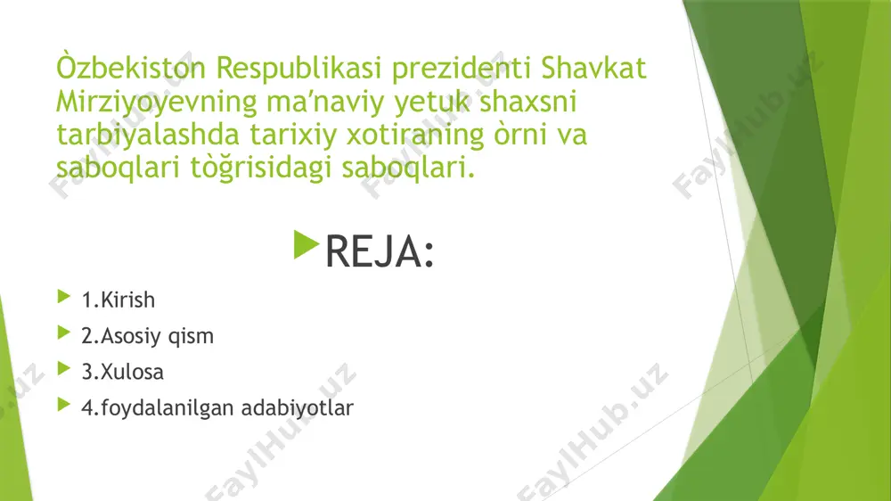 ish doimiy e’tiborda”. shuningdek, prezident shavkat mirziyoyev 2018 yil 12 dekabrda toshkentdagi oʻzbekiston islom tsivilizatsiyasi markazi quriladigan hududga tashrif buyurib, qurilish ishlari bilan yaqindan tanishgan vaqtdida davlat rahbari markazni pardozlash va jihozlashni takomillashtirish boʻyicha koʻrsatmalar berish bilan bir qatorda, koʻrgazmalar zalida oʻzbekiston tarixi davrlar boʻyicha, har bir asr, har bir allomaga oid manbalar va ashyolar asosida namoyish etilishi zarurligini taʼkidladi. “hamma oʻz tarixini ulugʻlaydi. lekin bizning mamlakatimizdagidek boy tarix, bobolarimizdek buyuk allomalar hech qayerda yoʻq. bu merosni chuqur oʻrganishimiz, xalqimizga, dunyoga yetkaza bilishimiz kerak. bu markazga kelgan odam tariximiz haqida toʻla tasavvurga ega boʻlishi, katta maʼnaviyat olib ketishi zarur”, - dedi mirziyoyev. foydalanilgan adabiyotlar a.sobirov “òzbekistoning yangi tarixi”. toshkent 2013-yil. r.hasanov “òzbekistoning eng yangi tarixi”. toshkent 2022-yil eʼtiboringiz uchun rahmat!!! image1.jpeg image2.jpeg image3.jpeg /docprops/thumbnail.jpeg