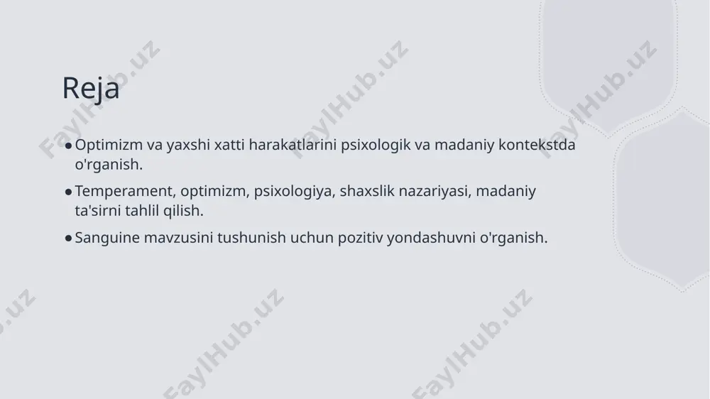ri xususi xatti harakatlarga ega. optimizmning psixologik ta'siri optimistlik haqiqiy hayotda yanaqtirib borish, muammolarga qarshi turish va yengil qolishni o'rganishga imkon beradi. bu, kishi uchun motivatsiya yaratadi. temperament va optimizmning aloqadorligi bir kishi optimistlik va sanguine tempramentga ega bo'lsa, uning hayoti ko'proq xursand va muvofiqlik bilan to'ldiriladi. bu, pozitivlik va yaxshi hislarni oshirishga yordam beradi. shaxslik nazariyasi va madaniy ta'sirni o'rganish shaxslik nazariyasi, inson shaxsining o'ziga xosliklarini va madaniy ta'sirlarini o'rganishga yo'l qo'yadi. temperament, insoniy xususiyatlar va madaniy oqimlarning tushunchalarini tushuntiradi. photo by abolfazl ranjbar on unsplash optimizmning jamiyati va insoniy merosini tahlil qilish 1 optimizm jamiyati - optimizm jamiyatning yaxshi xatti harakatlarini qanday ta'sir etishi, insoniy merosga qanday e'tibor qaratishi muhimdir. 2 insoniy merosini tahlil qilish - insoniy merosimizda optimizmning o'rniga ega bo'lgan shaxsiy xususiyatlar va ularning o'zaro bog'liqligini tahlil qilish zarur. 3 madaniy merosni oshirish - optimistik jamiyat insoniy merosni oshirishga yordam beradi, umidni kuchaytiradi va o'zgarishlarga ishonch …