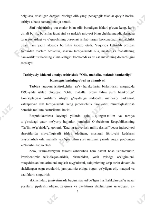 ishlay oladigan, mustaqil fikrlovchi kadrlarni tayyorlashda oila, mahalla va o‘quv bilim yurti nufuzini yanada yuqori pog‘onaga ko‘tarishni taqzo etadi. zero, ta’lim-tarbiyani takomillashtirishda ham davlat bosh islohotchidir, prezidentimiz ta’kidlaganlaridek, birinchidan, yosh avlodga o‘zligimizni, muqaddas an’analarimizni anglash tuyg‘ularini, xalqimizning ko‘p asrlar davomida shakllangan ezgu orzularini, jamiyatimiz oldiga bugun qo‘yilgan oliy maqsad va vazifalarni singdirish; ikkinchidan, jamiyatimizda bugun mavjud bo‘lgan hurfikrlikdan qat’iy nazar yoshlarni jipslashtiradigan, xalqimiz va davlatimiz daxlsizligini asraydigan, el-yurtimizni eng yuksak maqsadlar sari chorlaydigan yagona g‘oya — milliy mafkuraga sadoqat ruhida tarbiyalash; uchinchidan, yoshlarni baynalmilal jahon hamjamiyatida, xalqaro maydonda o‘zbekistonga munosib hurmat tug‘dirish uchun intilish ruhida tarbiyalash; to‘rtinchidan, yosh avlodni vatanparvarlik, el-yurtga sadoqat, yuksak odamiylik va insoniy fazilatlar ruhida tarbiyalash; beshinchidan, yosh avlodni ulug‘ ajdodlarimizning munosib vorislari ekanliklari, ayni vaqtda jahon va zamonning umumbashariy yutuqlarini egallash ruhida tarbiyalash o‘zbekistonda o‘quvchi-yoshlarni tarbiyalashning eng dolzarb masalasidir. davlatimiz rahbari ko‘rsatib berganidek, ta’lim-tarbiya sohasidagi islohotlar: birinchidan, ijtimoiy-siyosiy iqlimga ijobiy ta’sir ko‘rsatishga, umuman mamlakatdagi mavjud muhitni …