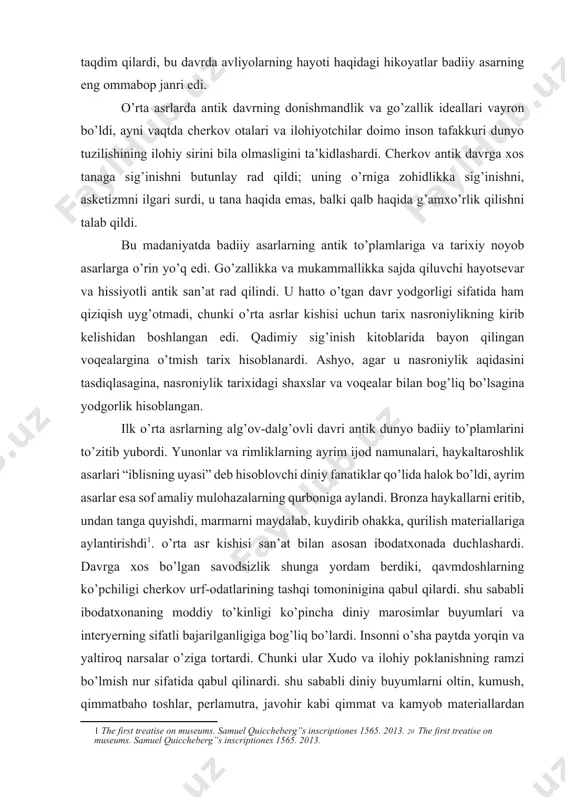 otnoteref:1]. o’rta asr kishisi san’at bilan asosan ibodatxonada duchlashardi. davrga xos bo’lgan savodsizlik shunga yordam berdiki, qavmdoshlarning ko’pchiligi cherkov urf-odatlarining tashqi tomoninigina qabul qilardi. shu sababli ibodatxonaning moddiy to’kinligi ko’pincha diniy marosimlar buyumlari va interyerning sifatli bajarilganligiga bog’liq bo’lardi. insonni o’sha paytda yorqin va yaltiroq narsalar o’ziga tortardi. chunki ular xudo va ilohiy poklanishning ramzi bo’lmish nur sifatida qabul qilinardi. shu sababli diniy buyumlarni oltin, kumush, qimmatbaho toshlar, perlamutra, javohir kabi qimmat va kamyob materiallardan tayyorlashga harakat qilishardi. diniy marosimlarni amalga oshirishda ishlatiladigan turli idishlarni qoida tariqasida qimmatbaho metallardan tayyorlab qimmatli toshlar bilan bezatishardi, qo’lyozmalar, ayniqsa, injil qo’lyozmalari uchun oltin va kumushdan g’iloflar (qoplamalar) tayyorlashardi. diniy marosim liboslarini, ko’pincha, islom mamlakatlaridan yoki vizantiyadan keltirilgan parcha, duxoba, shoyi kabi qimmatli gazlamalardan tikishardi. mohir ustalar tomonidan bajarilgan ushbu barcha ishlar amaliy-bezak san’atining oliy namunalari hisoblanib, katta moddiy hamda badiiy qiymatga ega edi. shu sababli ularni saqlash uchun kuchaytirilgan xavfsizlik choralari talab qilinardi20. …