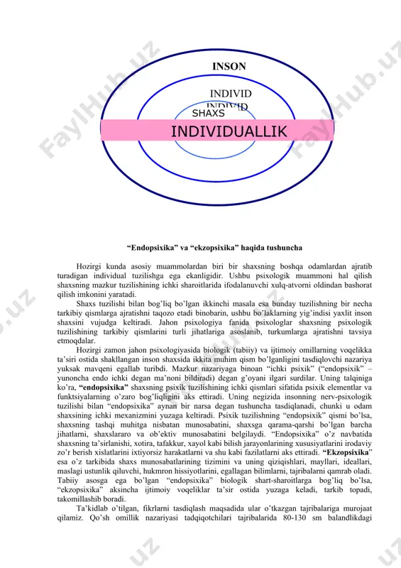 rini anglatib, biologik turga kiruvchi alohida tirik mavjudot sifatida ko’rsatib o’tiladi. keltirilgan ta’riflardan shuni xulosa qilish mumkinki shaxs deb muayyan jamiyatda yashovchi faoliyatning biror turi bilan shug’ullanuvchi, kishilar bilan normal til orqali munosabatga kirishuvchi ongli individga aytiladi. individ sifatida dunyoga kelgan odam ijtimoiy muhit ta’sirida keyinchalik shaxsga aylanadi, shuning uchun bu jarayon ijtimoiy-tarixiy xususiyatga egadir. dunyoga kelayotgan chaqaloqning gavda tuzilishi unda tik yurish uchun imkoniyatining mavjudligini taqozo etsa, miyasining tuzilishi aql-hushining rivojlanishi uchun imkoniyat tug’diradi, qo’llarining shakli shamoyili mehnat qurollaridan foydalanish istiqbollarining mavjudligini ko’rsatadi. yuqorida aytilganlarning barchasida chaqaloqning inson zotiga mansubligini ta’kidlanadi va bu fakt individ tushunchasida qayd etiladi. buni quyidagi sxema asosida tushuntirish lozim. shaxsning eng muhim xususiyatli jihatlaridan biri - bu uning individualligidir. individuallik deganda insonning shaxsiy psixologik xususiyatlarining betakror birikmasi tushuniladi. individuallik kishining o’ziga xosligini, uning boshqa odamlardan farqini aks ettiruvchi psixologik fazilatlar birikmasidir. individuallik tarkibiga xarakter, temperament, psixik jarayonlar, holatlar, hodisalar, hukmron xususiyatlar yig’indisi, iroda, faoliyat …