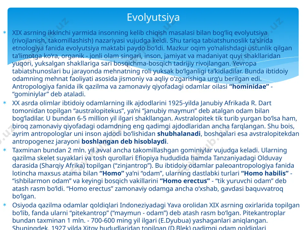oshib borishi; o‘troq hayotga o‘tish; xo‘jalik hayotning umumiyligi; jinsdan kelib chikkan xolda mehnatning taqsimlanishi; ko‘p oilali munosabatlar (ekzogamiya) bilan xarakterlanadi. matriarxat – urug‘ boshida ayol kishining turishi, nasl nasab, qarndosh urug’chilik munosabatlari ayol tomonidan belgilangan ijtimoiy munosabatlar davri.. ibtidoiy to’da urug’ qabila ona urug’i 16 o‘rta osiyoda paleolit davr yodgorliklari va qurollar rivojlanishi sana (mil. avv. m.y.) davr yodgorliklar qurollar -12 -20 -30 -35 so‘nggi paleolit bo‘zsuv uchbuloq samarqand makoni nayzasimon qurollar sixchalar, tosh parrakcha, qirg‘ichlar, teshgichlar -40 -50 -60 -70 -80 -90 -100 o‘rta paleolit obirahmat xo‘jakent ko‘lbuloq teshiktosh qo‘tirbuloq omonqo‘ton uchtut tosh qirg‘ich, tosh parrakcha, nayzasimon tosh uchi, nukleus, o‘tkir uchli cho‘qmorlar, qo‘l chopqichlari, kurakchalar -200 -300 -400 -500 -600 -700 -800 -900 ilk paleolit qoratangir bo‘riqazigan tanirqazigan qizqala seleng‘ur on-archa qo‘l cho‘qmorlari, toshqirg‘ich, tosh parchalari, chopper- daryo toshlaridan ishlangan qurollar image2.png image3.jpeg image4.png image5.png image6.png image7.jpeg image8.png image9.jpeg image10.jpeg image11.jpeg image12.png image13.jpeg image14.jpeg image15.jpeg image16.jpeg image17.jpeg image18.jpeg …