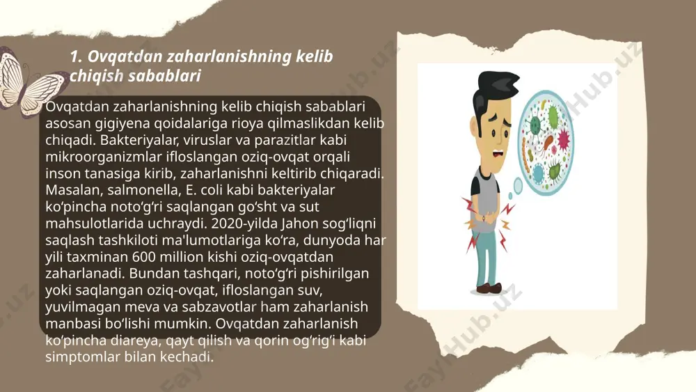 ri ko'pincha oziq-ovqat mahsulotlariga tat, rang yoki saqlash muddatini oshirish uchun qo'shiladi. biroq, ularning ba'zilari sog'liq uchun zararli bo'lishi mumkin. masalan, e621 sifatida tanilgan natriy glutamat (msg) ba'zi odamlar uchun bosh og'rig'i va allergik reaksiyalarga olib kelishi mumkin. sun'iy rang beruvchi vositalar, masalan, tartrazin (e102) bolalarda giperfaollikning ortishiga sabab bo'lishi mumkin. shakar o'rnini bosuvchi sun'iy tatlandırgichlar esa insulin qarshiligi va boshqa metabolik muammolarni keltirib chiqarishi mumkin. shu sababli, ozuqa qo'shimchalarini iste'mol qilishda ehtiyot bo'lish va tabiiy mahsulotlarni afzal ko'rish tavsiya etiladi. ... t.me/slaydai_bot 7. mikrobiologik ifloslanish va uning xavfi mikrobiologik ifloslanish oziq-ovqat mahsulotlarida ko'p uchraydi va inson salomatligi uchun xavf tug'diradi. har yili taxminan 600 million kishi ifloslangan oziq-ovqat iste'moli tufayli kasallanadi. jami 420 ming kishi oziq-ovqatdan kelib chiqqan kasalliklar sababli vafot etadi, ularning ko'p qismi 5 yoshgacha bo‘lgan bolalardir. salmonella, escherichia coli, va listeria kabi bakteriyalar buning asosiy sababchilaridir. xavfni kamaytirish va kasalliklarning oldini olish uchun oziq-ovqatni to’g’ri saqlash, …