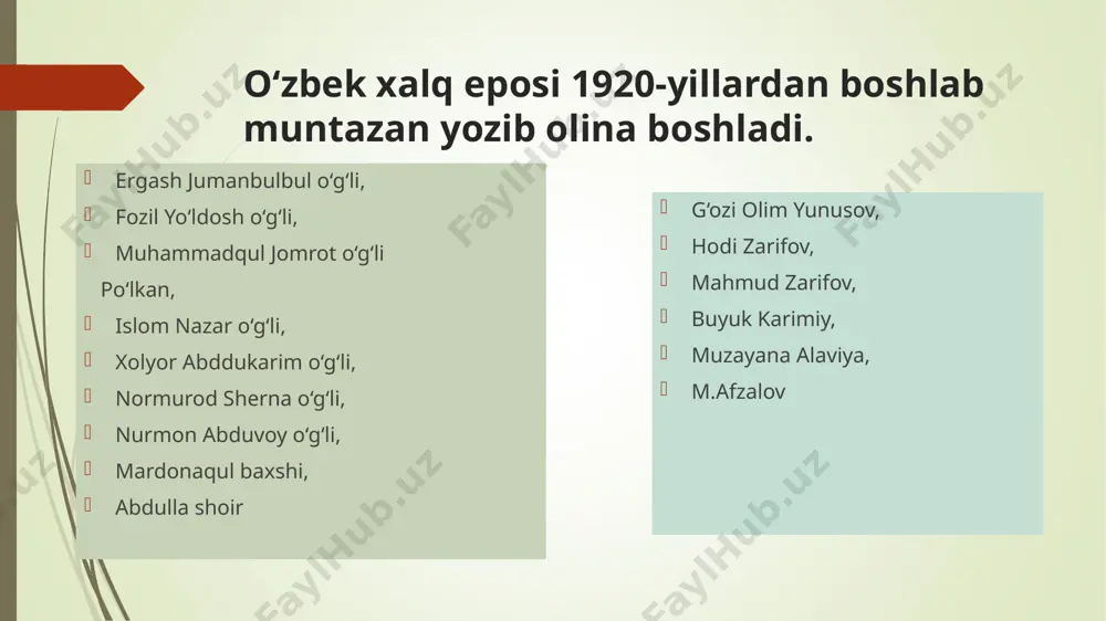 elomon. 16. xoldorxon. 17. soqibulbul. 18. go'ro'g'lining qrimga borishi. 19.gov- daroz dev. 20. besh podshoning chambilga yov bo'lib kelishi. 21. shoqalandar. 22. ro'zaxon. 23.yosqila. 24. hasanxon. 25. chambil qamali. 26. dalli. 27. avazxon. 28. gulqizoy. 29.0ygul qizning vafoti. 30. intizor. 31. malika ayyor. 32. mashriqo. 33. zulfizar. 34. bo'tako'z. 35. qunduz bilan yulduz. 36. sarvinoz. 37. balogardon. 38. avazning arazi. 39. ahmad sardorning o'limga buyurilishi. 40. avaz o'g'lonning rumga qochishi. 41. avazxonning o'limga hukm etilishi. 42. girdob. 43. xonimoy. 44. avaz va gultan. 45. xushkeldi. 46. oltin qovoq. 47. zayidqul. 48. gulixiromon. 49. zarnigor. 50. og'a yunusning olib qochilishi. 51. ravshan. 52. nurali. 53. nuralining yoshligi. 54. balxivon. 55. jorxon maston. 56. sumbulsoch beka. 57. nurali va qari ahmad. 58. nuralining yutilishi. 59. malla savdogar. 60. jahongir. 61. ero'g'li (shahidnoma, go'ro'g'lining o'limi, go'ro'g'lining g'oyib bo'lishi).