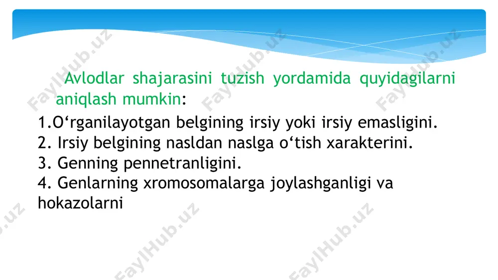 to‘g‘ri o‘tishi kuzatiladi, masalan, epilep- siyada bo‘lganidek, bu hol dominant nasllanishni kuchaytiradi. bunda ota-onadan biri berilgan mutant gen bo‘yicha gomozigot, ikkinchisi geterozigot bo‘ladi: ko‘pincha moddalar almashinuvining kasalliklari autosom- retsessiv nasldan naslga o‘tadi. masalan, enzimopatiyalar, albi- nizm, alkoptonuriya, fenilketonuriya, amavrotik idiotiya (tey- saks kasalligi —lipidlar almashinuvi natijasida hosil bo‘ladi), galaktozemiya, afibrinogenemiya (qon ivishining izdan chiqishi), ixtioz (yunon. ixtis — baliq so‘zidan olingan bo‘lib, kasalning terisi tangachaga o‘xshash bo‘lgan shox plastinkalar bilan qoplangan bo‘ladi). jins bilan birikkan kasalliklar mutatsion genlar jinsiy xromosomalarda (x va y) joylashadi. x xromosoma bilan birikkan sonli belgi va kasalliklar mavjud. y xromosoma bilan birikkan defektlarning irsiy shakli tadqiqotlar bilan tasdiqlanmagan. alport sindromida jins bilan qisman birikkan (x va y ) xromosomalarning gomologik qismlarida joylashishi ku- zatiladi. x va y xromosomalarda birikkan genlar bilan bog‘liq kasalliklar ham dominant, ham retsessiv bo‘lishi mumkin. jins bilan birikkan dominant genning nasldan naslga o‘tish bilan bog‘liq bo‘lgan kasalliklar erkakda ham, ayolda ham …