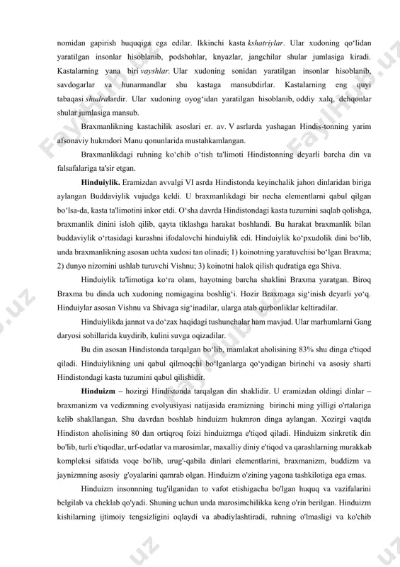 kinki, barcha narsalar xudodir, xudo esa nafas, ruh, jon, umumiy jondir. bu ta’limotga ko’ra, moddiy dunyo, jumladan, inson ham, atman-brahmadan paydo bo’lgan va yana o’shanga aylanadi, insonning joni avvalgi mohiyatiga butunlay qaytib, u bilan yana qo’shilib ketadi. har bir inson ilohiy kuch tomonidan belgilangan hayot kechirish tarzi-qonuniga muvofiq yashashi kerak, kimki bu qonunni buzsa, uning joni kelgusida biron hayvon yoki hashorat tanasida qayta dunyoga keladi, bu qonunni buzmagan odamning joni esa kelgusida yuqori tabaqa vakillariga mansub inson tanasida qayta paydo bo’ladi, deb ta’lim beriladi. insonning yashashdan maqsadi ham ana shunda deb tushuntiriladi. upanishadlar keyingi davrlarda shakllangan barcha hind falsafiy tizimlar, maktablar va ularning vakillari dunyoqarashlariga o’z ta’sirini ko’rsatgan. braxmanlik. eramizdan avvalgi birinchi ming yilliklarga kelib oriylar hindistonda o‘zlarining knyazliklariga ega bo‘ldilar. vedalarning marosimlar haqidagi ko‘rsatmalari ancha murakkablashdi. shu davrga kelib aholi o‘rtasida braxmanlarning nufuzi oshib ketdi. ular oldingi ta'limotlarni isloh qilib, yangicha diniy qonun-qoidalarni ishlab chiqdilar va braxmanlik diniga asos …