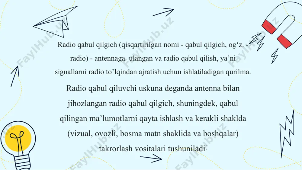 taklif qilingan. oʻsha paytdagi elektron lampalarning nomukammalligi tufayli supergeterodinli qabul qilgichni sifatli amalga oshirish mumkin emas edi. 1929-30-yillarda ekranli toʻrli radiolampalarning (tetrodlar va pentodlar) paydo boʻlishi bilan supergeterodinli qabul qilgich asosiy turga aylanadi. 1950—1960-yillarda tranzistorli radiostantsiyalar keng tarqaldi. 1952—1953-yillarda nemis fizigi gerbert matare germaniyada sanoatchi yakob maykl koʻmagida „tranzistorlar“ (nuqtali tranzistor) eksperimental partiyasini ishlab chiqardi va birinchi toʻrt tranzistorli radio qabul qilgichni ommaga taqdim etdi. dunyodagi birinchi tijorat toʻliq tranzistorli qabul qilgich „regency tr-1“ aqshda bir yil oʻtib, 1954-yil noyabr oyida sotuvga chiqdi. 1970-yillarning oʻrtalaridan boshlab integral mikrosxemalar qabul qilgichilarda keng qoʻllanila boshlandi. radio qabul qiluvchilarning tasnifi radio qabul qiluvchi uskunalar quyidagi xususiyatlariga koʻra boʻlinadi: asosiy vazifasi boʻyicha: radioeshittirish, televidenie, aloqa, yoʻnalishni aniqlash (pelengatsion), radiolokatsiya, radio boshqaruv tizimlari uchun, oʻlchash va boshqalar; ish turi boʻyicha: radiotelegraf, radiotelefon, fototelegraf va boshqalar; aloqa kanalida qoʻllaniladigan modulyatsiya turi boʻyicha: amplituda, chastota, faza, bir polosali (turli xil), impulsli (turli xil); qabul qilish yoʻlini qurish …
