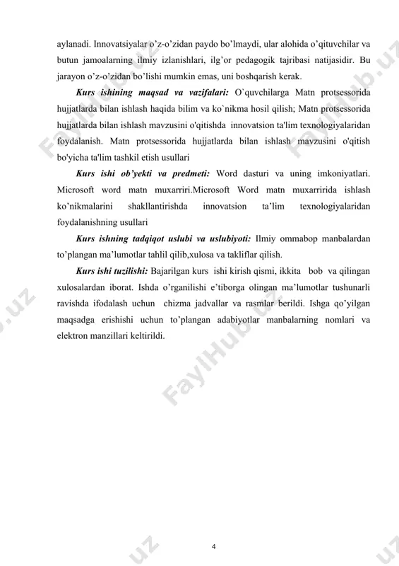 on hujjatga o'zgartirish kiritish, hujjat qismlarini joyini almashtirish, bir nechta kichik fayllarga bo'lib o'zgartirish imkonini beradi. kiritish va redaktorlash amalidan so'ng matnning mazmuni shakllanadi. hujjatni jihozlashni shakllash amali orqali bajariladi. shakllash buyruqlaridan so'ng matnni monitor ekranida yoki printerda chop etilgandan so'ng qog'ozda qanday joylashishini ko'rish mumkin. matnlar bilan ishlovchi 2 xil programmalar bor: matn redaktorlari va matn prosessorlari (muharrirlari). matn redaktorlarida kiritilgan matnni shakllash imkoni mavjud emas. matn prosessorlari matnni shakllash imkonini beradi. matn prosessorlari rasmiy hujjatlarni tayyorlashda ishlatiladi. window’s os ga bloknot standart matn redaktori va oddiy wordpad matn prosessori kiradi. shakllanmagan matn fayllari window’s os da .txt fayl kengaytirgichi bilan, matn prosessorlari fayllari esa .doc kengaytirgichi bilan saqlanadi. zomanaviy windows osli kompyuterlarda microsoft word matn prosessori keng tarqalgan. bu programma microsoft kompaniyasi mahsuli bo'lib, ko'p yillar mobaynida rivojlandi va uning quyidagi versiyalari mavjud: word 6.0 , word 7.0 (office 95) , word 8.0 (office 97), word 2000 (office …
