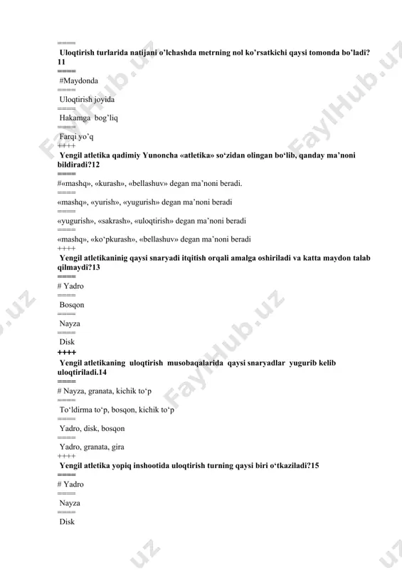 salarida,bo’g’li xududlarda ==== sport zal,yopiq inshoat,katta yo’l trassalarida,bo’g’li xududlarda ==== yopiq inshoat,katta yo’l trassalarida,bo’g’li xududlarda,muz saroylarida ==== stadion, katta yo’l trassalarida,bo’g’li xududlarda,muz saroylarida ++++ quydagi yengil atletika turlaridan qaysi qatordagisini ochiq maydonda yaniy stadionda18 ==== o’tkazib bo’lmaydi? #kross, 50 km sportcha yurish, marafon yugurishi ==== 100 m, yugurib kelib uzunlikga sakrash, 400 m ==== 100m, 200m, 400m, ==== nayza uloqtirish, yadro, uch xatlab sakrash ++++ yengil atletikaning qaysi yugurish turlari umumiy chidamlilik sifatini rivojlantiradi?19 ==== #kross,o’rta va uzoq masofalarga yugurish ==== qisqa masofalarga yugurish ==== estafetali yugurishlar ==== g’ovlar osha yugurishlar ++++ yengil atletikaning qaysi yugurish turlari tezkorlik sifatini rivojlantiradi?20 ==== #qisqa masofalarga yugurish, estafetali yugurishlar ==== kross,o’rta va uzoq masofalarga yugurish ==== uzunlikka sakrash ==== g’ovlar osha yugurishlar ++++ yengil atletikaning qaysi turlari kuch sifatini rivojlantiradi?21 ==== #yadro itqitish,disk va bosqon uloqtirish ==== kross,o’rta va uzoq masofalarga yugurish ==== qisqa masofalarga yugurish, estafetali yugurishlar ==== g’ovlar osha yugurishlar, uzunlikka …