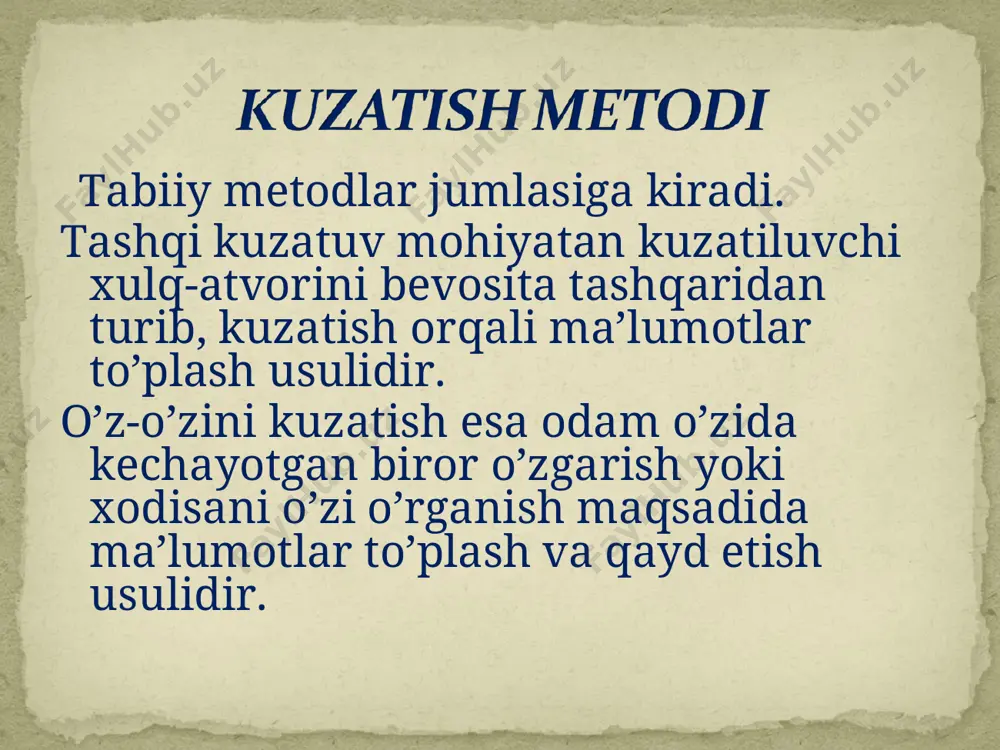 tiladi. har bir vazifani bajarish ma’lum ballar miqdori bilan baholanadi, ballar yig‘indisi esa aqliy rivojlanish darajasining ko‘rsatkichi bo‘lib hisoblanadi. * tajriba: tabiiy tajriba – sinaluvchiga sezilarsiz tarzda uning faoliyati yoki muloqotiga kiritilgan psixologik tajriba, u tabiiy sharoitlarda tadqiqotchining aralashuvisiz o‘tkaziladi. tabiiy tajribani hayotning o‘zi qo‘yadi, tajribaviy vaziyat esa tadqiqotchining faol ishtirokisiz yuzaga keladi. * metodi kuzatish, so’roq, eksperiment yoki boshqa usullar yordamida o’rganilayotgan xodisaning tub mohiyati ochilmagan sharoitlarda qo’llaniladi. bunda o’sha xodisaning umumiy xossasi yoki asosiy parametrlari modellashtirilib, o’sha model asosida tadqiqotchini qiziqtirgan jihat o’rganiladi va xulosalar chiqariladi. 1. ғoзиeв э. ғ. умумий псиxoлoгия. 1-2 тoм. т., фан, 2002 2. «психология». под ред. а.а. крылова, -м., 1998 3. немов р.с. «психология». -кн.1. - м., 1998 4. каримова в.м., акрамова ф.а. психология. - т., 2000 5. www.psycho.all.ru эътиборингиз учун ташаккур ! * акрамова ф.а. - психология ф.н., доцент *