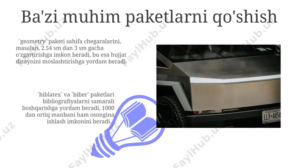 rlarni yuklab olish zip fayl yoki o'rnatish faylini yuklab olgandan so'ng, uni ochib, ekrandagi ko'rsatmalarga amal qiling. ba'zi taqsimotlar 3000 dan ortiq paketni o'z ichiga oladi, shuning uchun o'rnatish bir muncha vaqt talab qilishi mumkin. yuklab olish jarayonida internetga ulanish tezligi muhim rol o'ynaydi. katta hajmdagi fayllarni yuklash uchun yuqori tezlikli internet aloqasi tavsiya etiladi, aks holda jarayon 30 minutdan ko'proq vaqtni olishi mumkin. xatolarni tuzatish 01 02 `pdflatex` buyrug'idan keyin "undefined control sequence" xatosi chiqsa, kerakli paketlarni `\usepackage{}` buyrug'i yordamida `preamble` qismiga qo'shish kerak. masalan, `amsmath` yoki `graphicx` paketlari. sales 1st qtr 2nd qtr 100 0 sales 1st qtr 2nd qtr 100 0 qo'shimcha resurslar va qo'llab-quvvatlash latex stack exchange kabi onlayn forumlarda 50000 dan ortiq savol va javoblar mavjud bo'lib, ularning aksariyati latex o'rnatish va ishlatish bilan bog'liq muammolarni hal qilishga qaratilgan. overleaf kabi onlayn latex muharrirlari qo'shimcha yordam va hamjamiyat forumlarini taklif qiladi, bu erda 24/7 texnik …